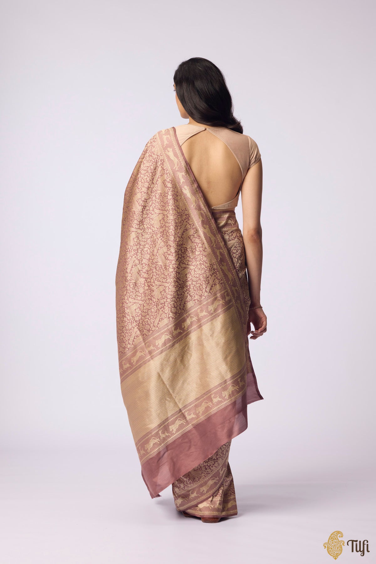 Pre-Order: 'Peacock on the Rampart' Dark Rosy Brown Pure Katan Silk Banarasi Handloom Saree
