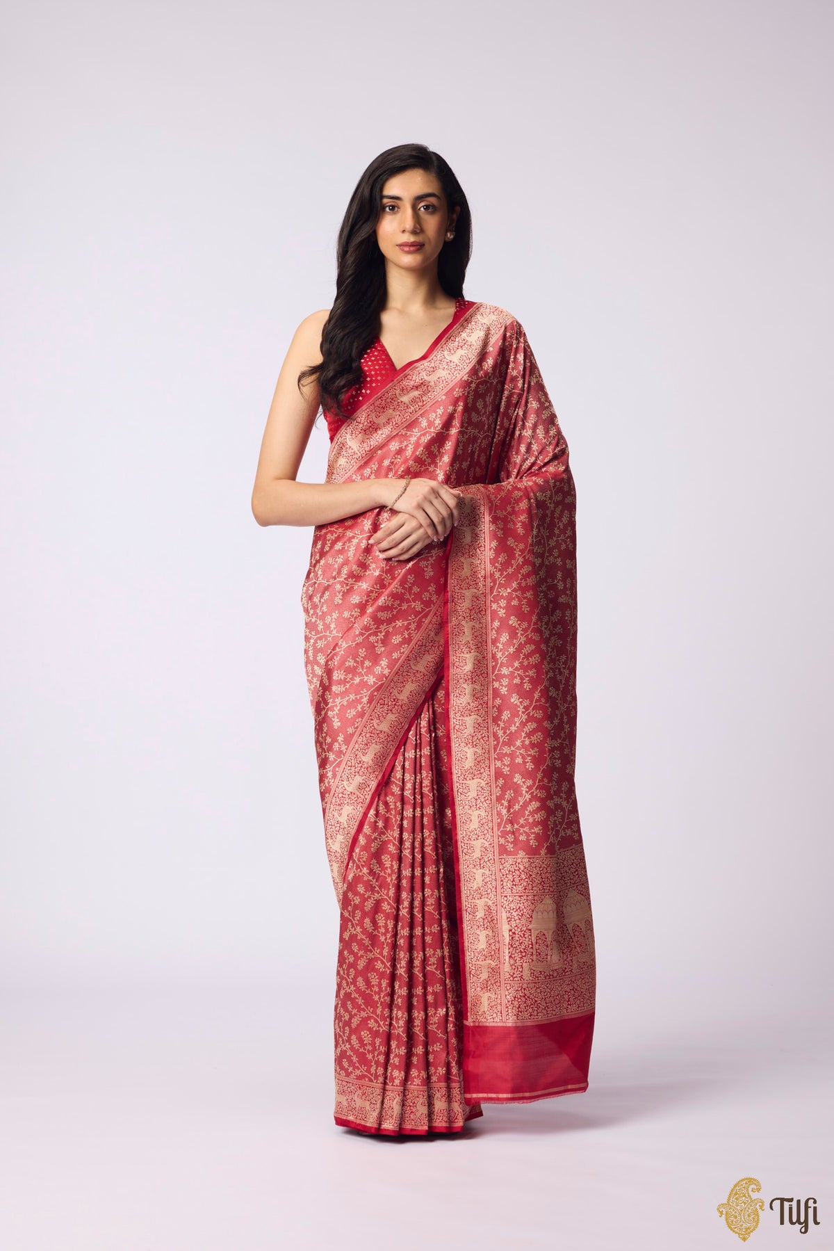 Pre-Order: 'Tiger's Respite' Red Pure Katan Silk Banarasi Handloom Saree