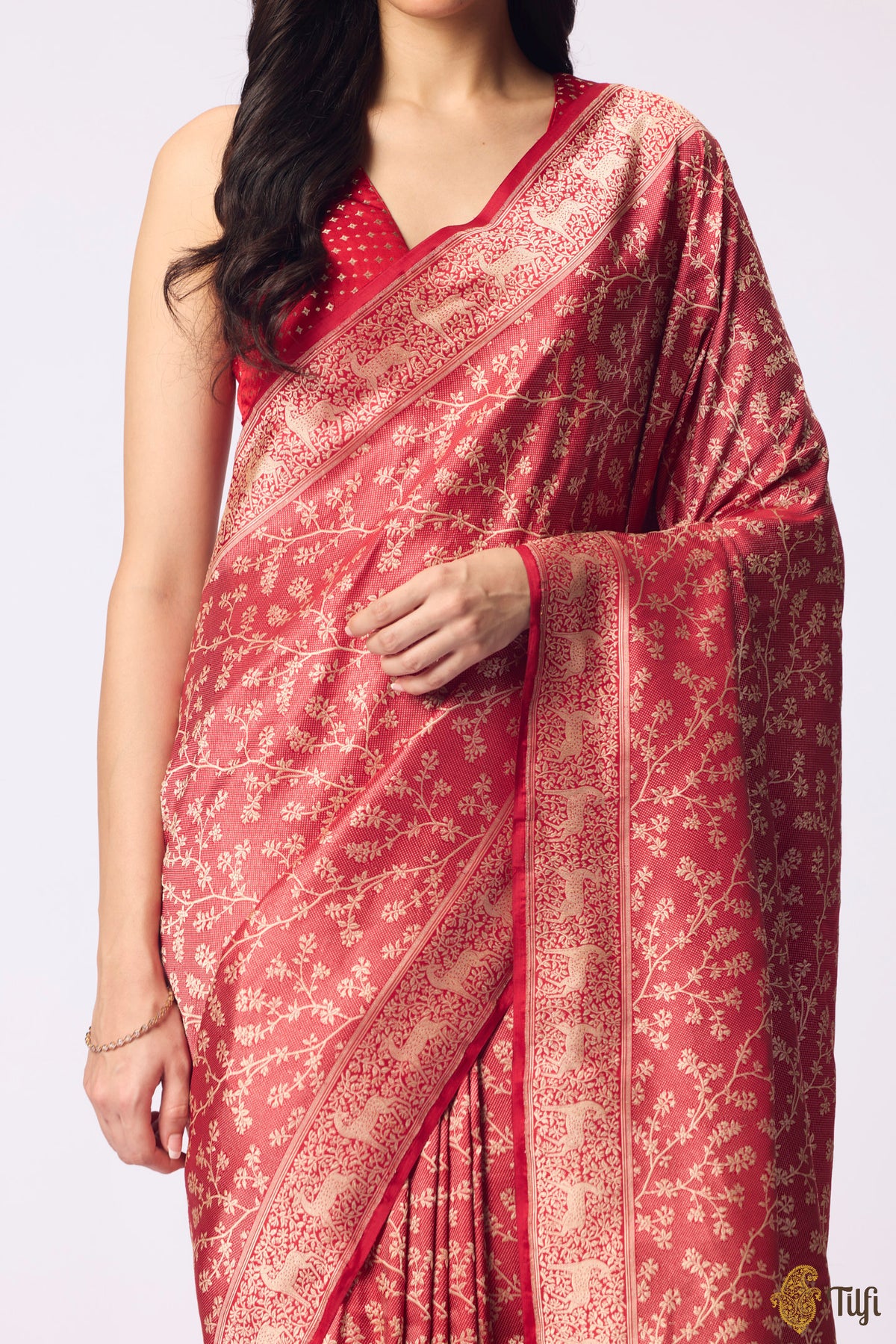 Pre-Order: 'Tiger's Respite' Red Pure Katan Silk Banarasi Handloom Saree