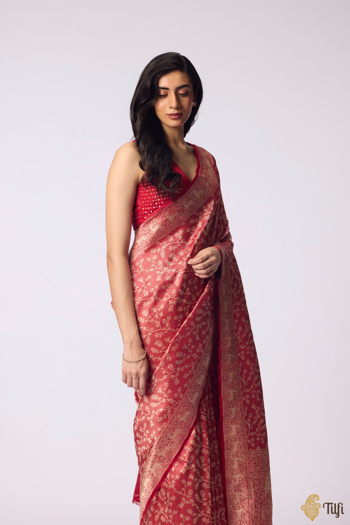 Pre-Order: 'Tiger's Respite' Red Pure Katan Silk Banarasi Handloom Saree