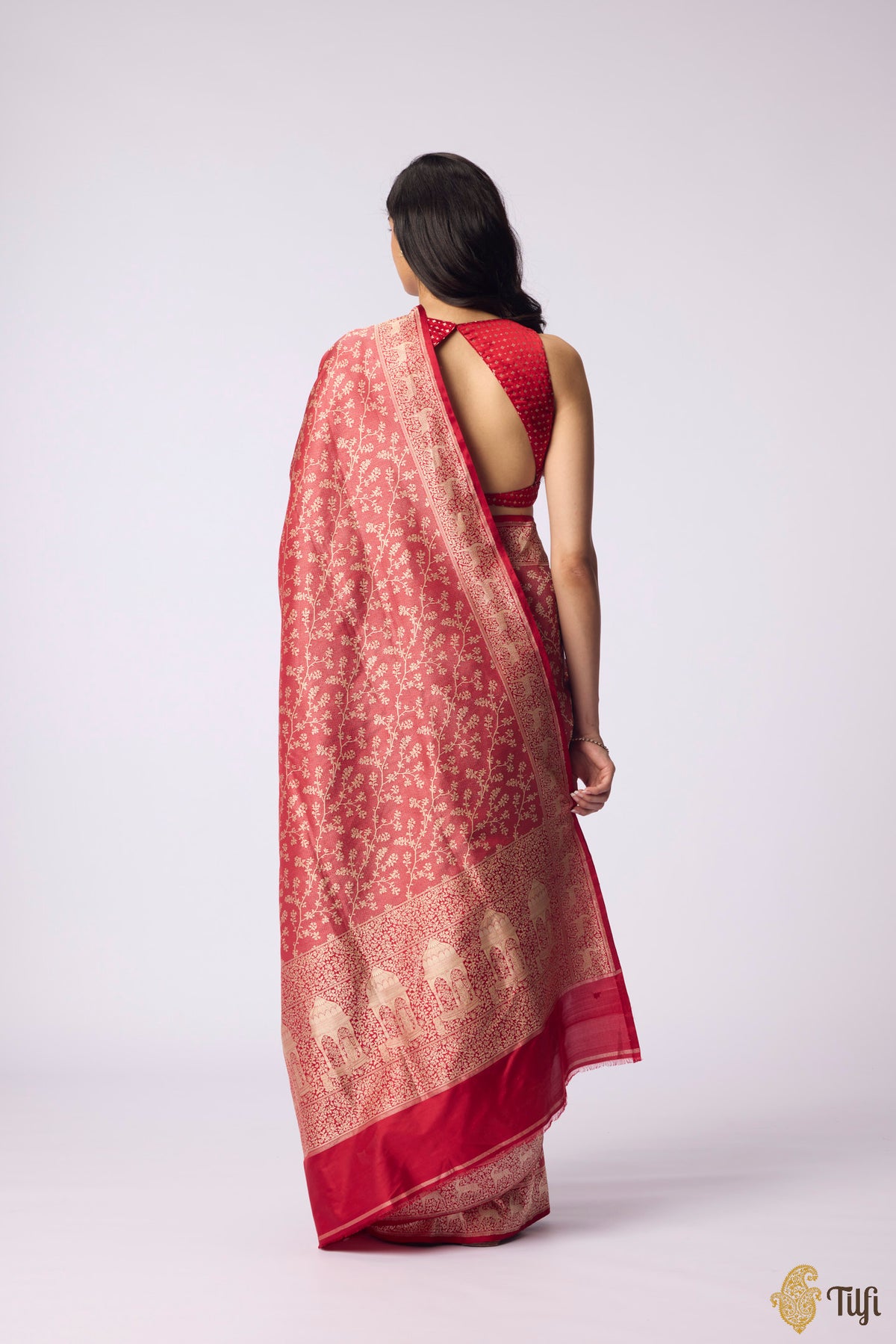 Pre-Order: 'Tiger's Respite' Red Pure Katan Silk Banarasi Handloom Saree