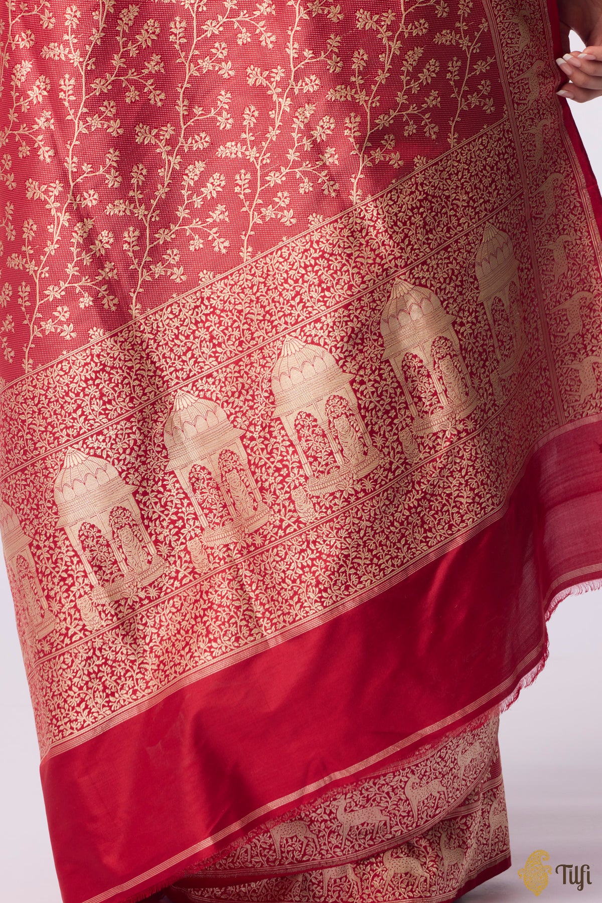 Pre-Order: 'Tiger's Respite' Red Pure Katan Silk Banarasi Handloom Saree