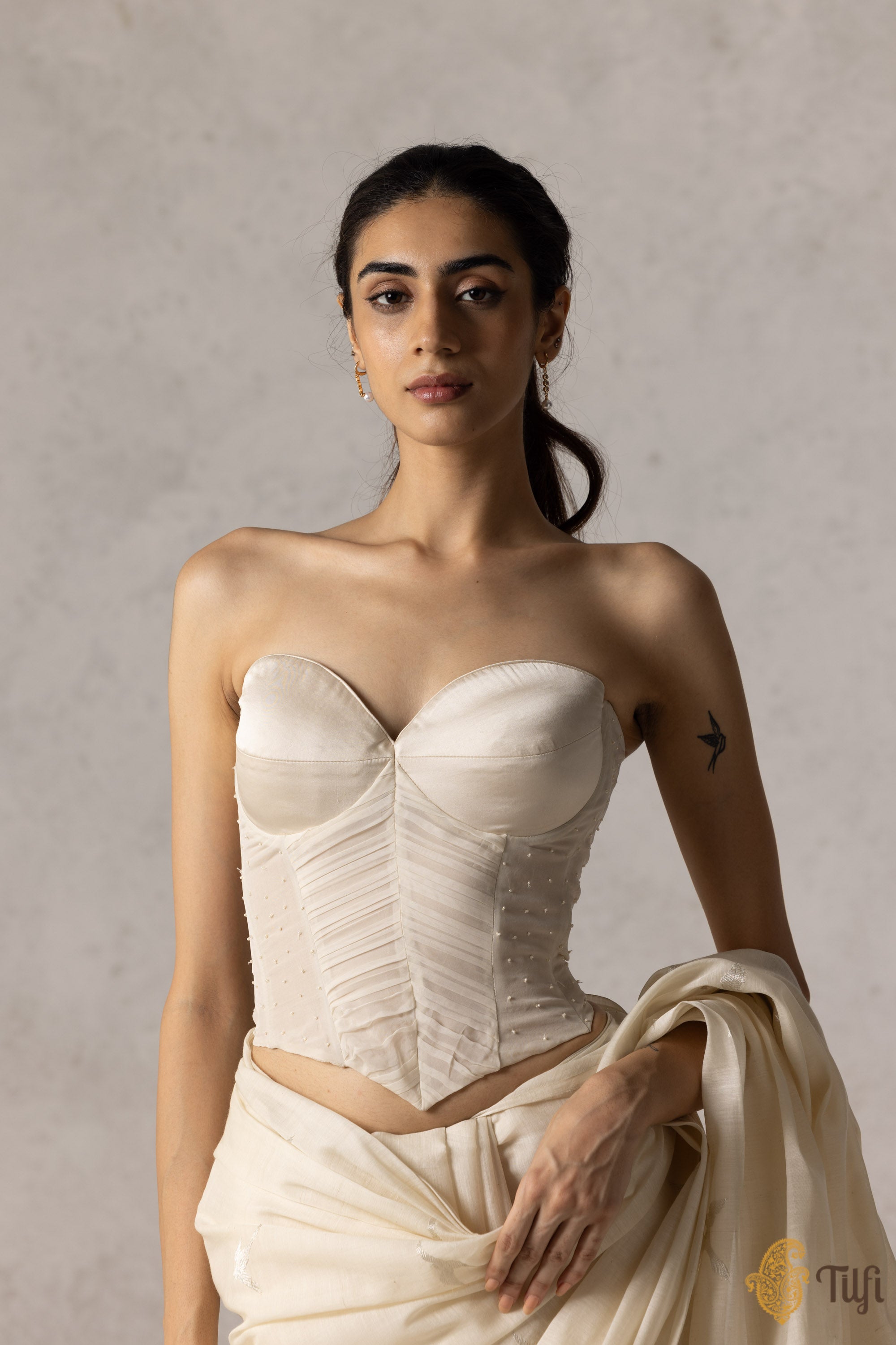 Off-White Corset Pure Satin Silk and Organza Silk Blouse