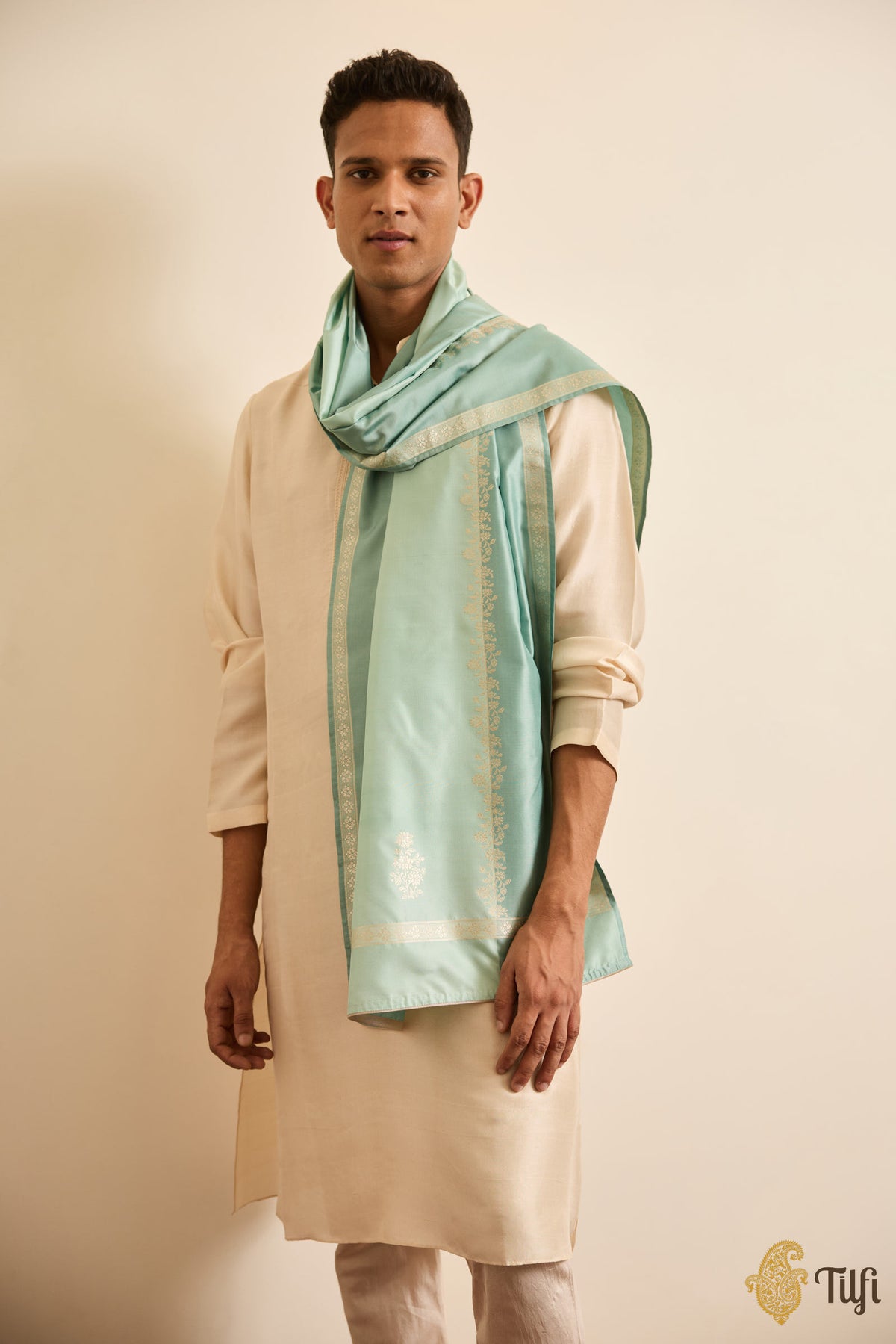 Light Aqua-Green Pure Katan Silk Banarasi Handloom Stole