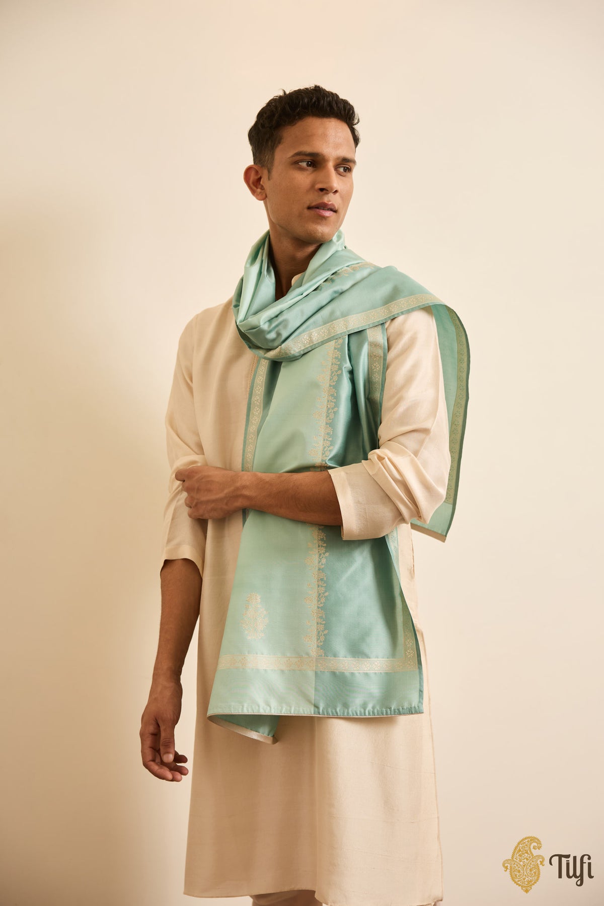 Light Aqua-Green Pure Katan Silk Banarasi Handloom Stole