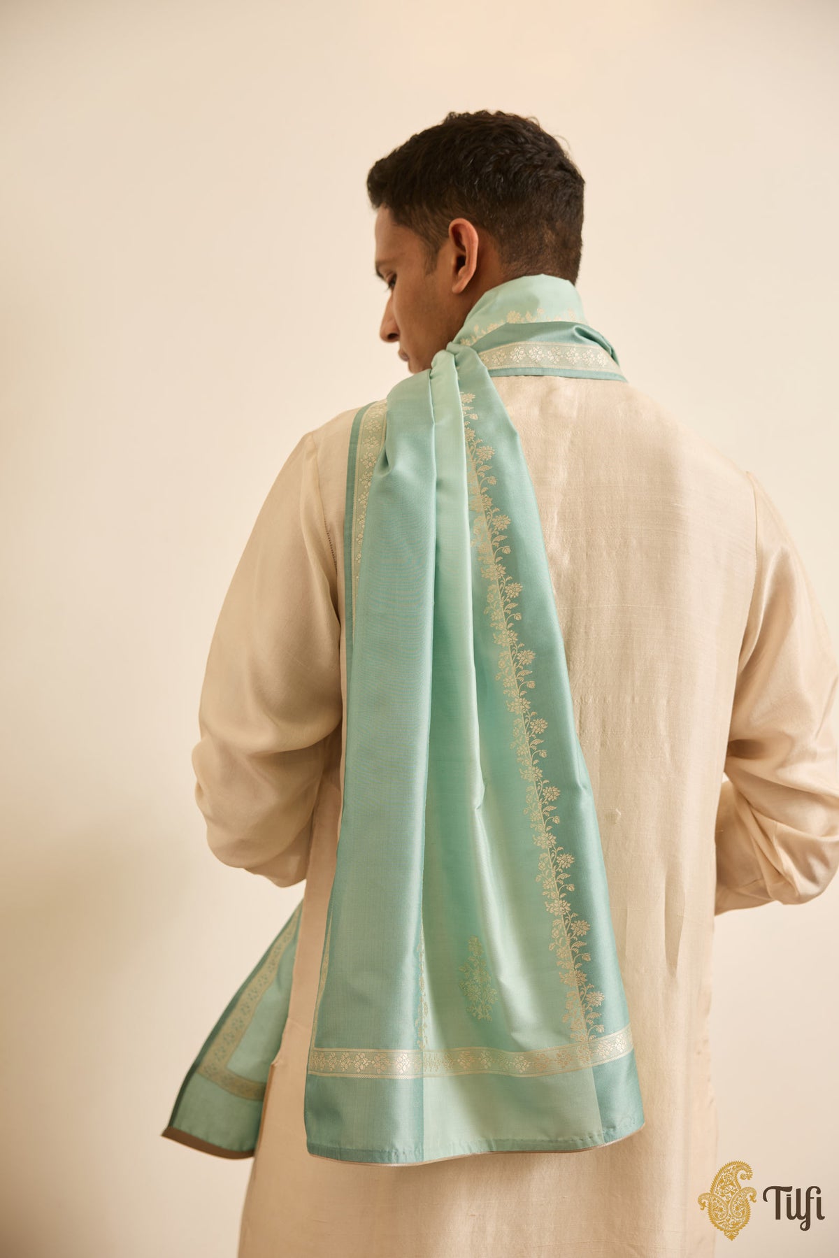 Light Aqua-Green Pure Katan Silk Banarasi Handloom Stole