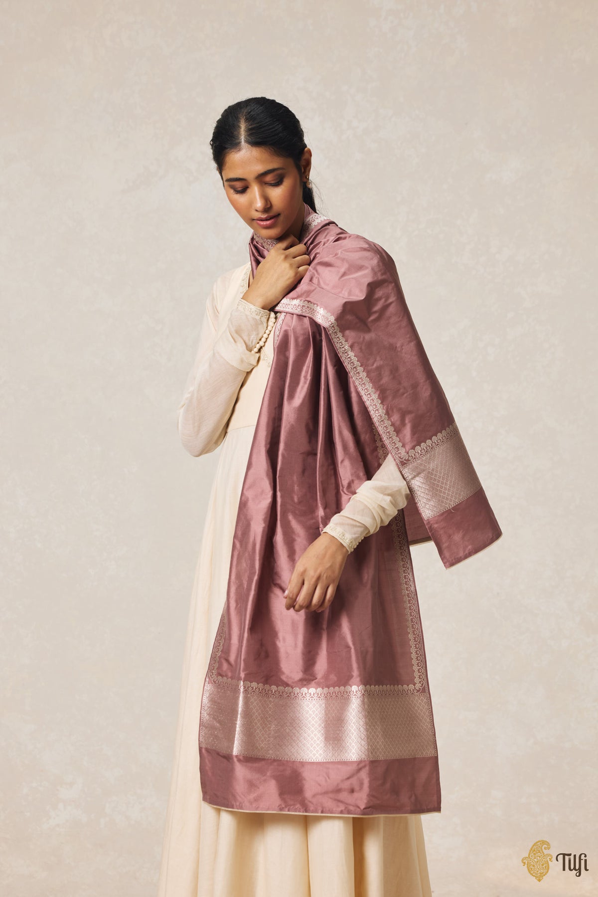 Old Rose Pink Pure Katan Silk Banarasi Handloom Stole