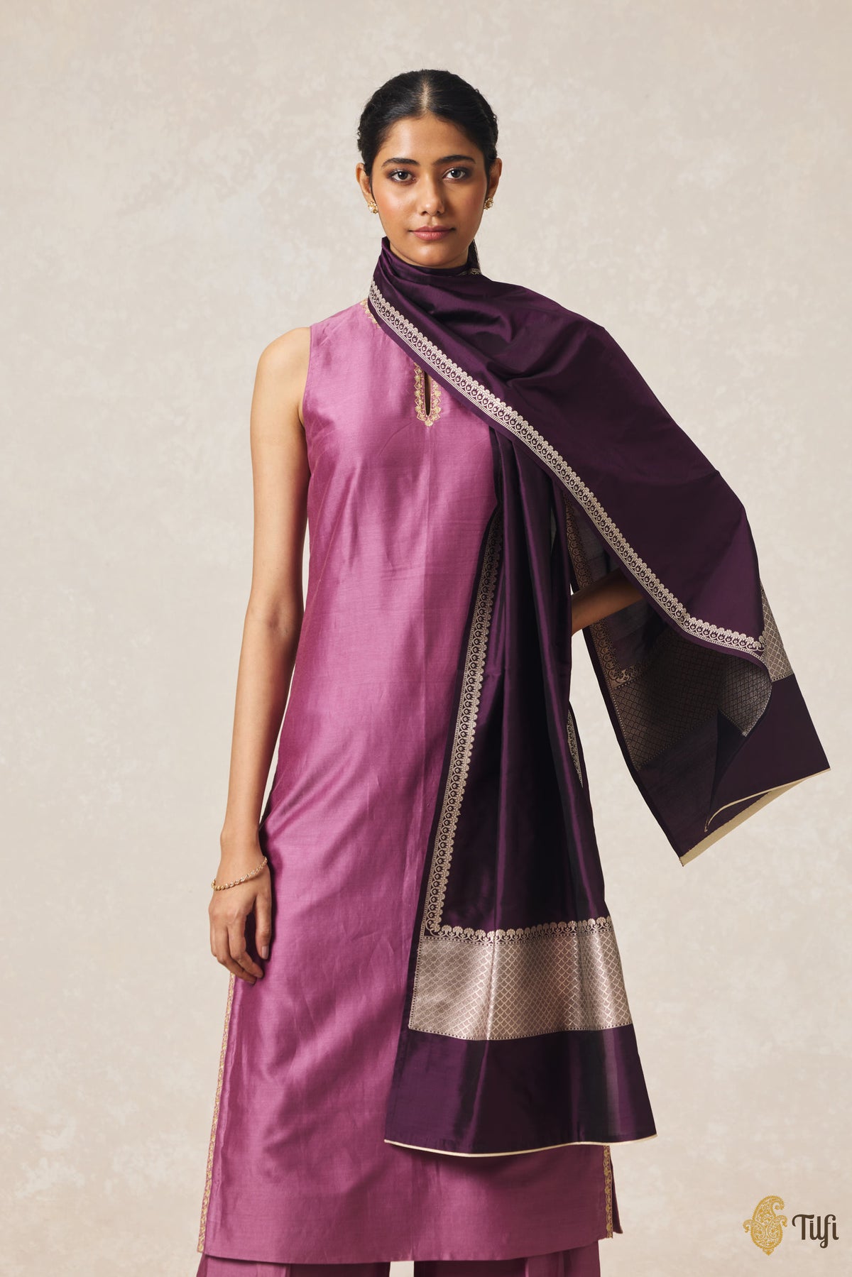Deep Berry Purple Pure Katan Silk Banarasi Handloom Stole