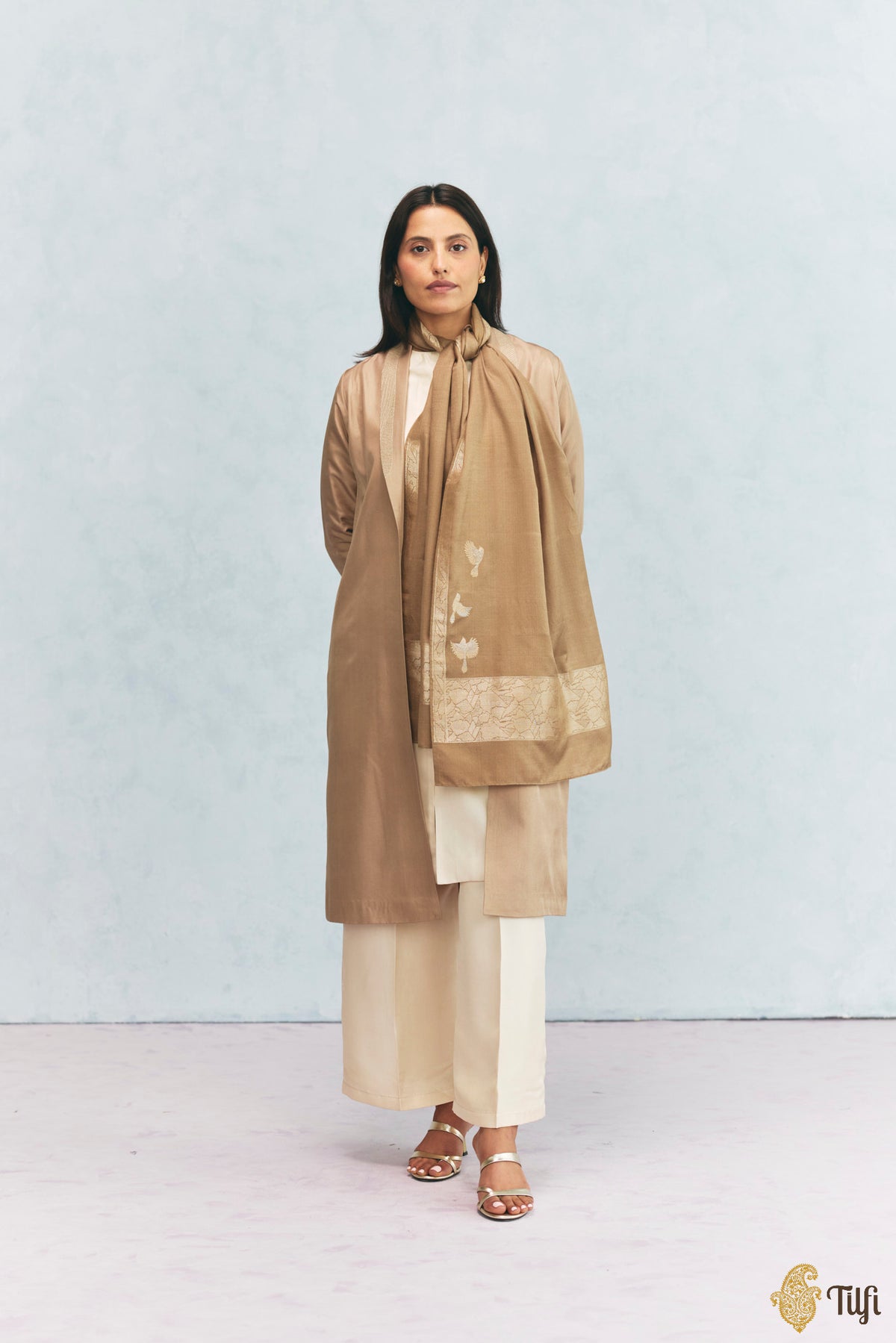 'Celine' Camel Brown Silk-Pashmina Wool Banarasi Handloom Stole