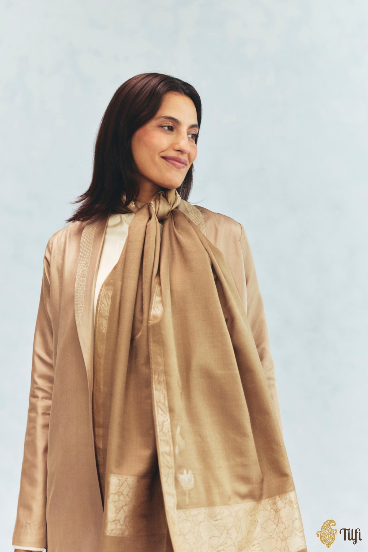 'Celine' Camel Brown Silk-Pashmina Wool Banarasi Handloom Stole