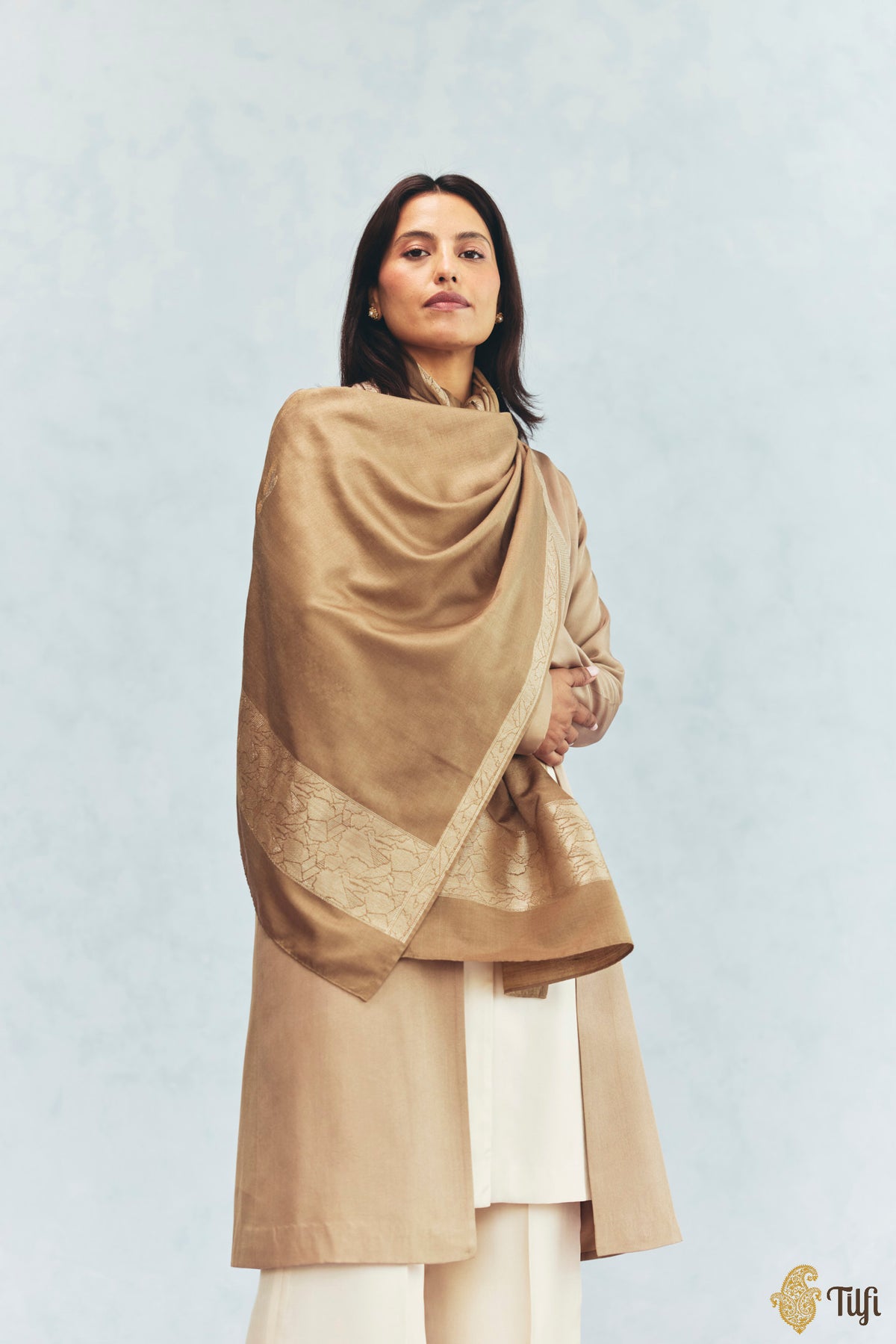 'Celine' Camel Brown Silk-Pashmina Wool Banarasi Handloom Stole