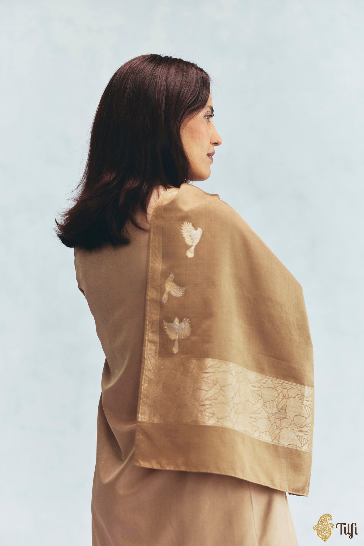 'Celine' Camel Brown Silk-Pashmina Wool Banarasi Handloom Stole