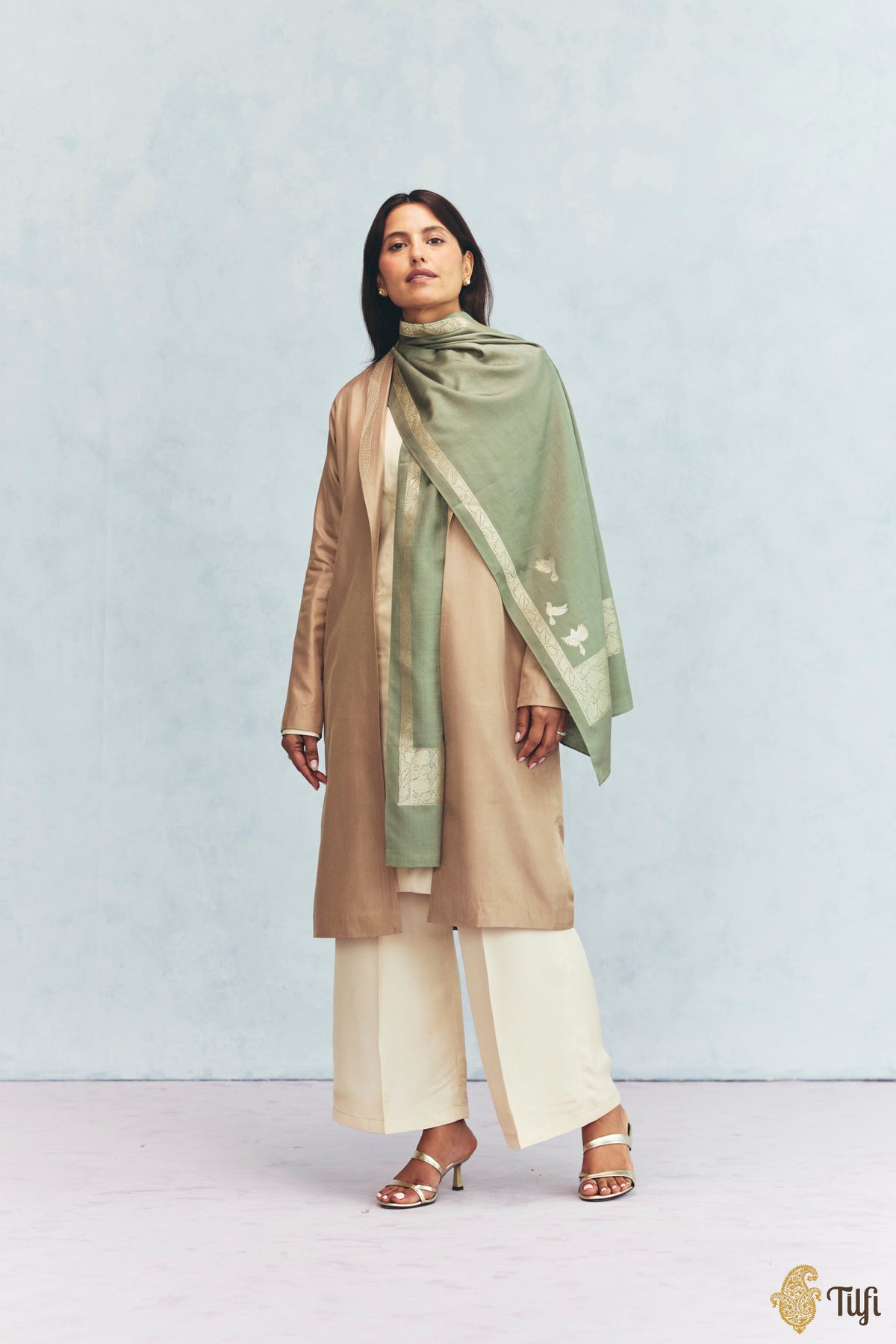 'Celine' Light Sage Silk-Pashmina Wool Banarasi Handloom Stole