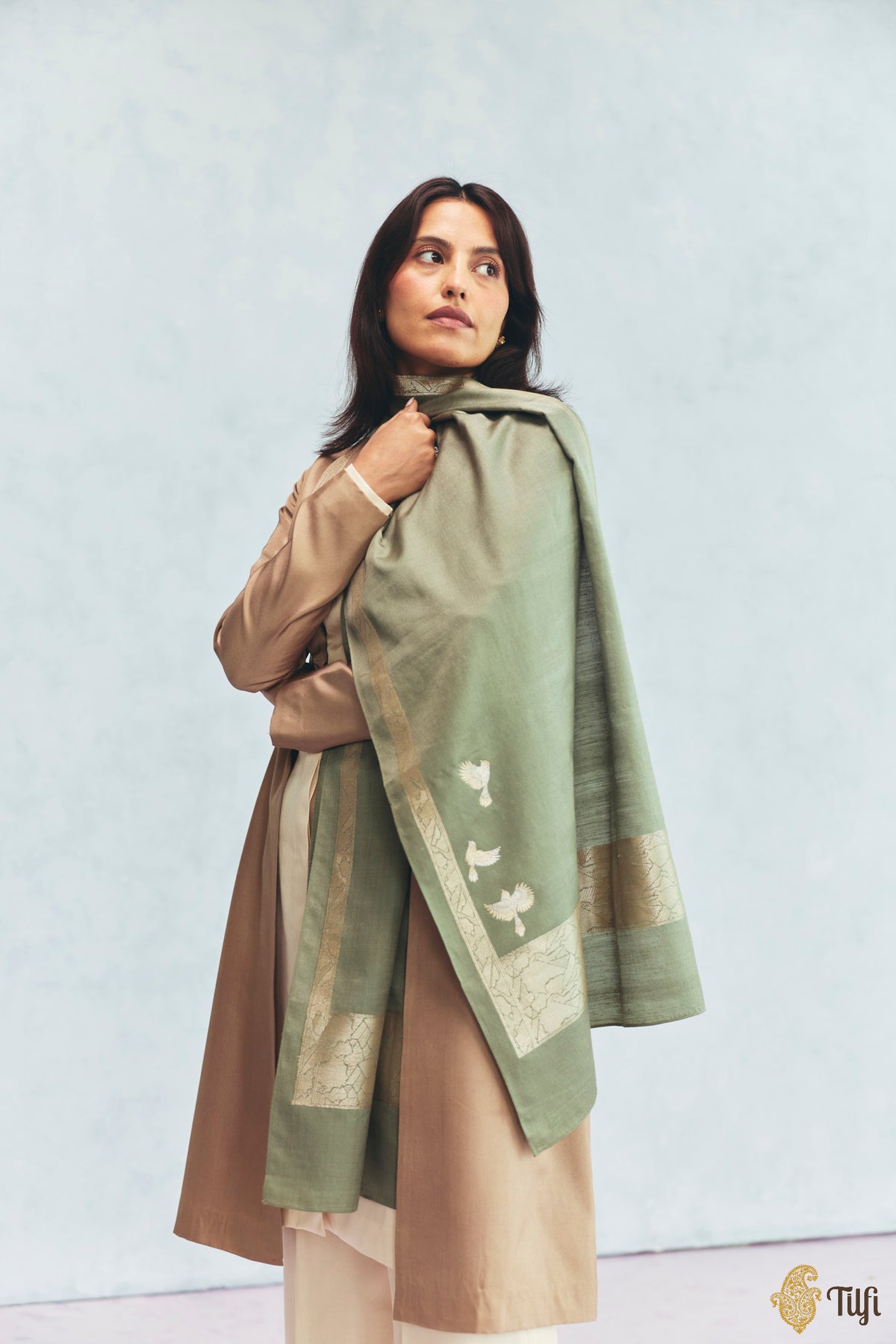'Celine' Light Sage Silk-Pashmina Wool Banarasi Handloom Stole