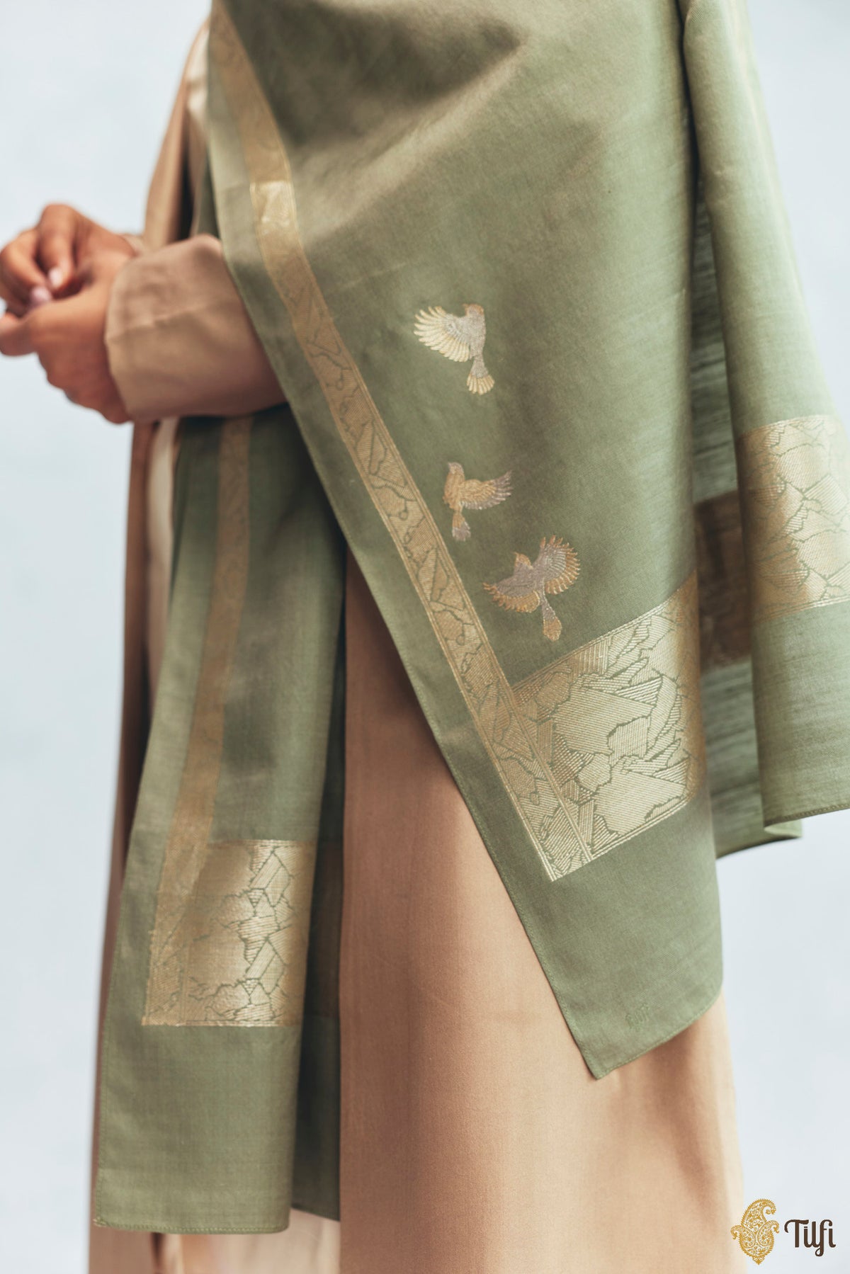 'Celine' Light Sage Silk-Pashmina Wool Banarasi Handloom Stole