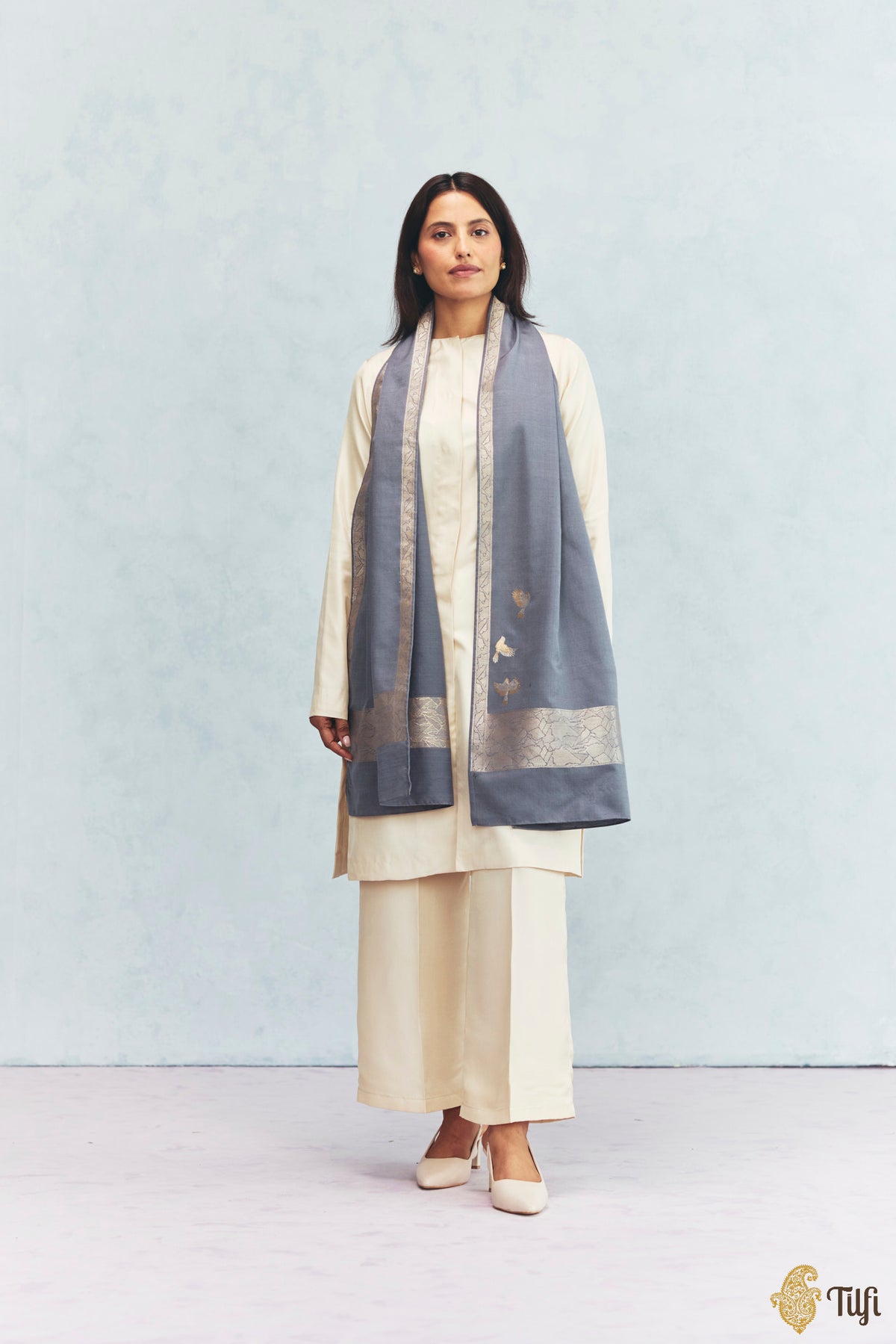 'Celine' Slate Grey Silk-Pashmina Wool Banarasi Handloom Stole
