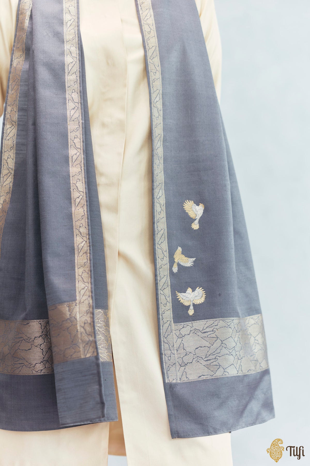 'Celine' Slate Grey Silk-Pashmina Wool Banarasi Handloom Stole