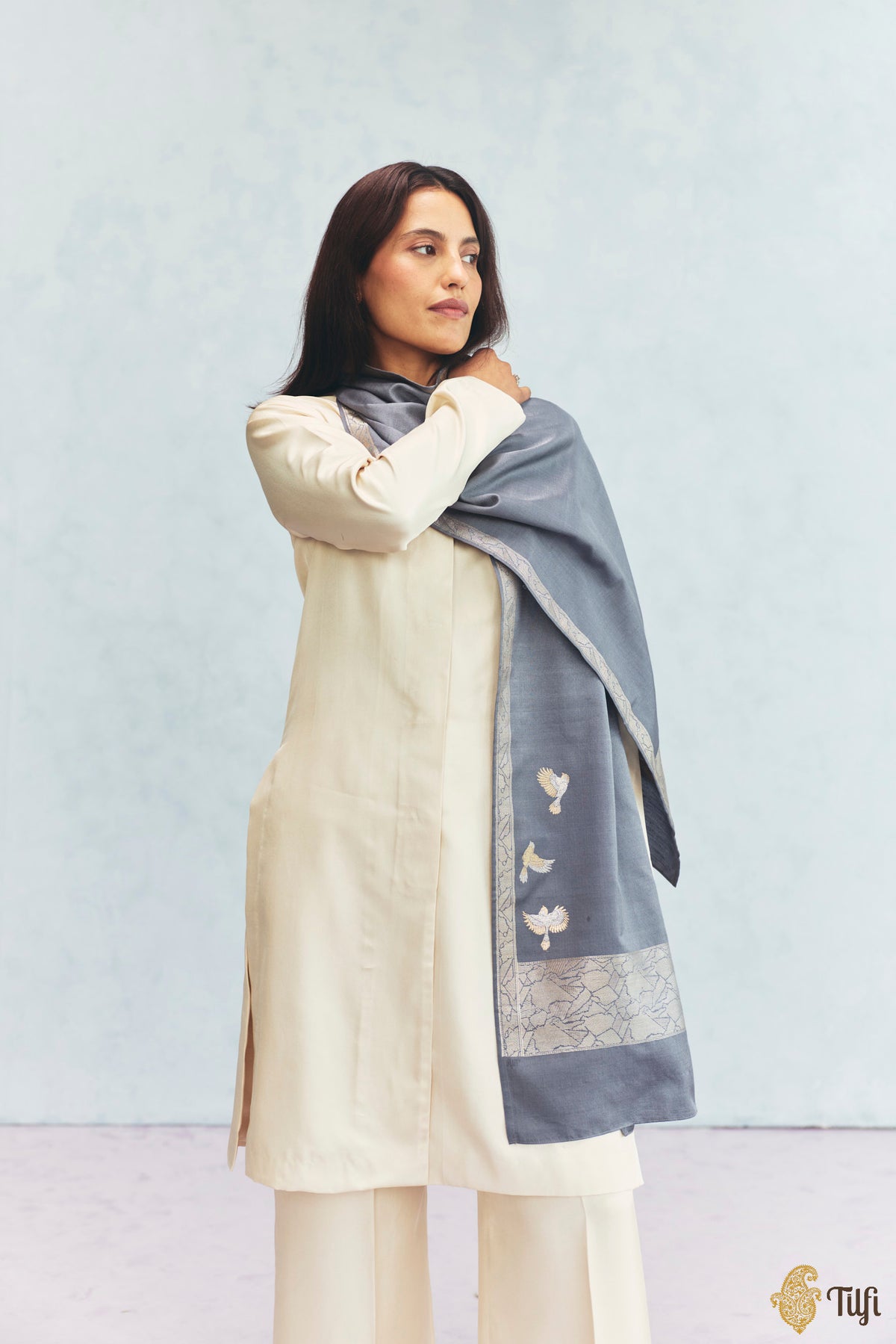 'Celine' Slate Grey Silk-Pashmina Wool Banarasi Handloom Stole