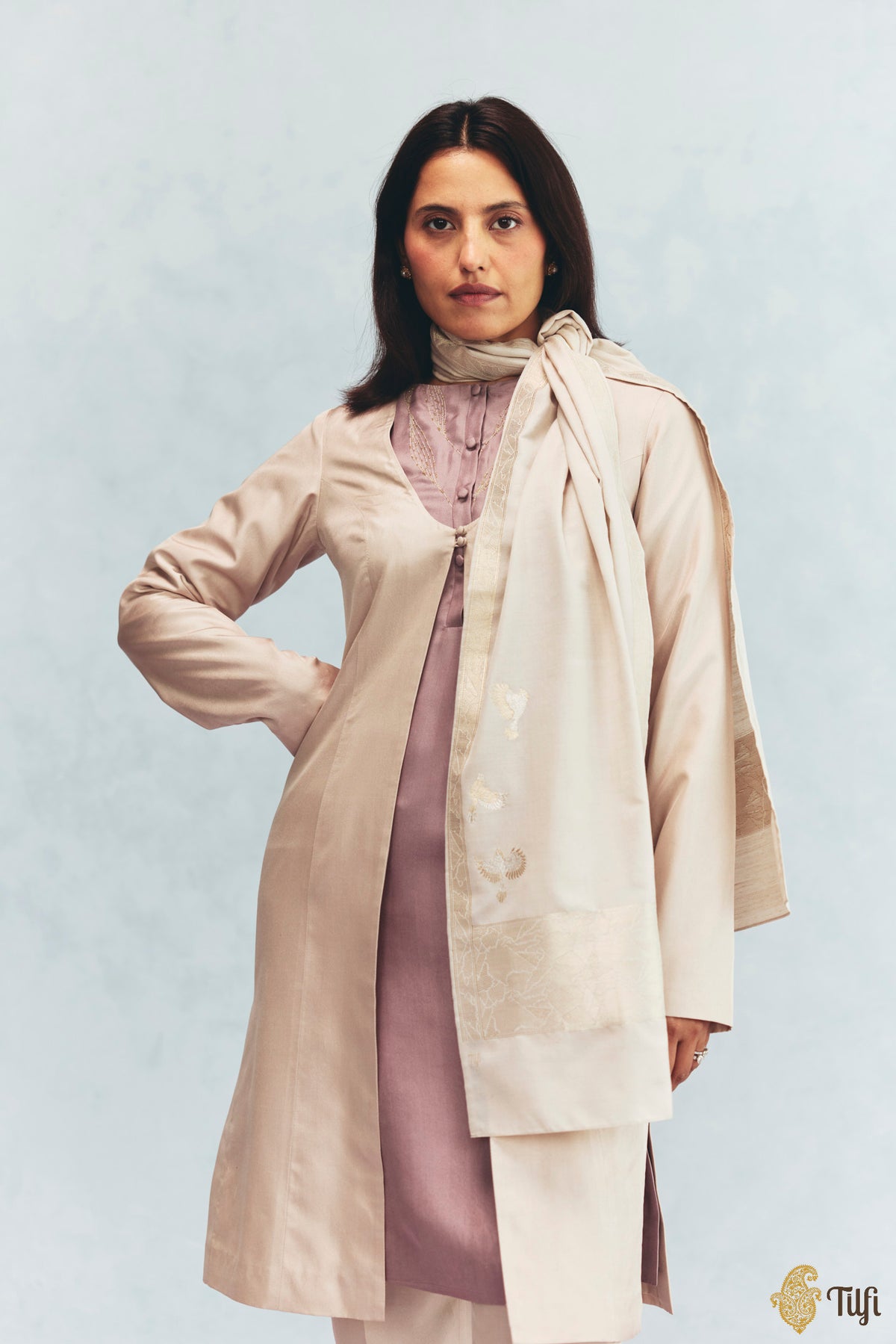 'Celine' Off White Silk-Pashmina Wool Banarasi Handloom Stole