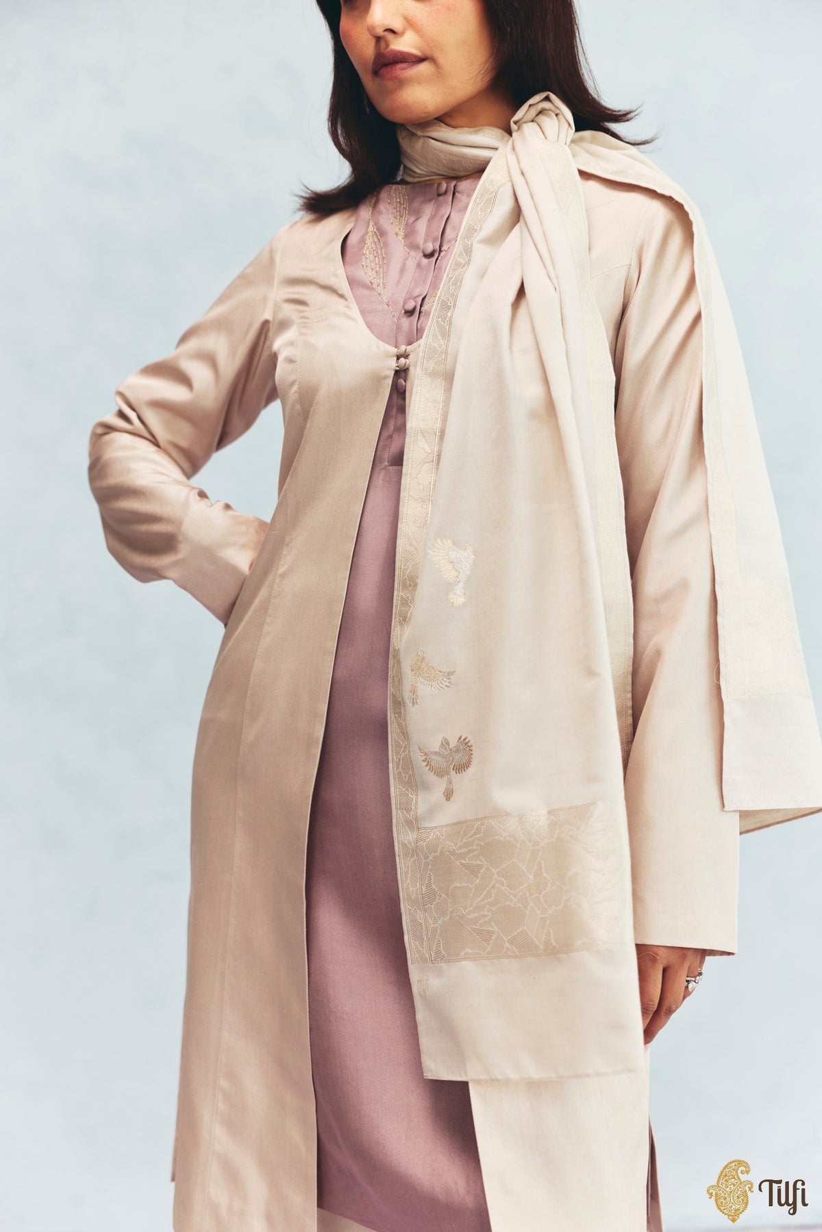 'Celine' Off White Silk-Pashmina Wool Banarasi Handloom Stole