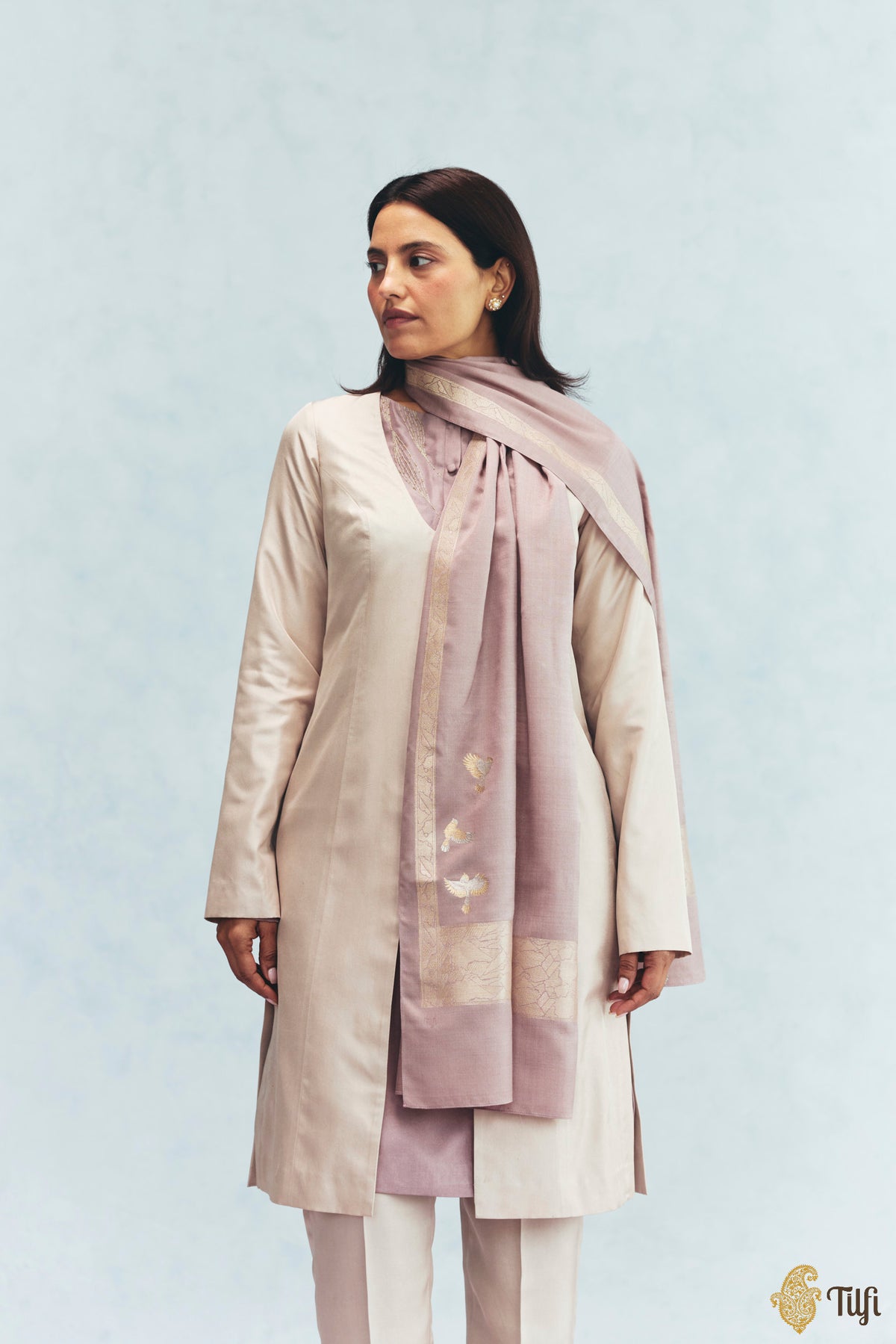 'Celine' Nude Pink Silk-Pashmina Wool Banarasi Handloom Stole