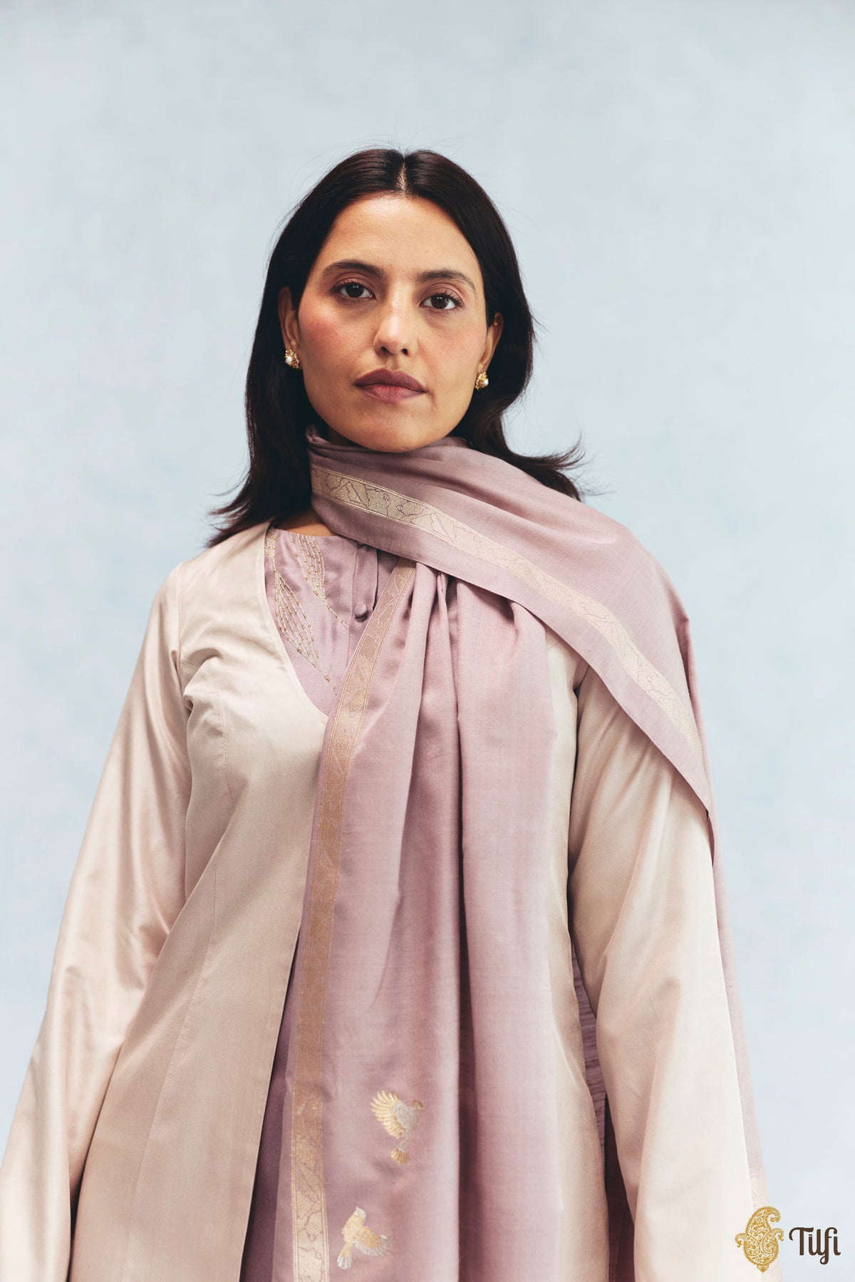 'Celine' Nude Pink Silk-Pashmina Wool Banarasi Handloom Stole
