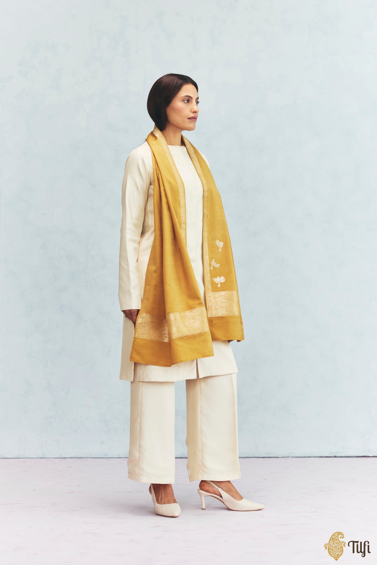 'Celine' Mustard Yellow Silk-Pashmina Wool Banarasi Handloom Stole