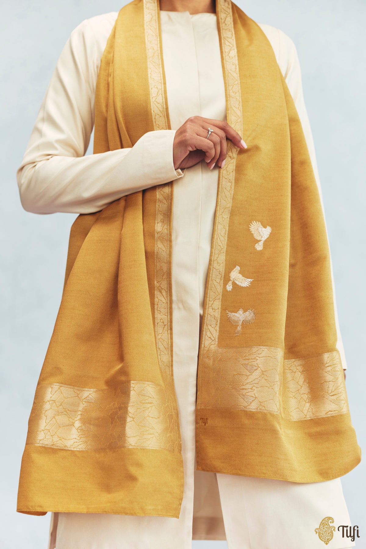 'Celine' Mustard Yellow Silk-Pashmina Wool Banarasi Handloom Stole
