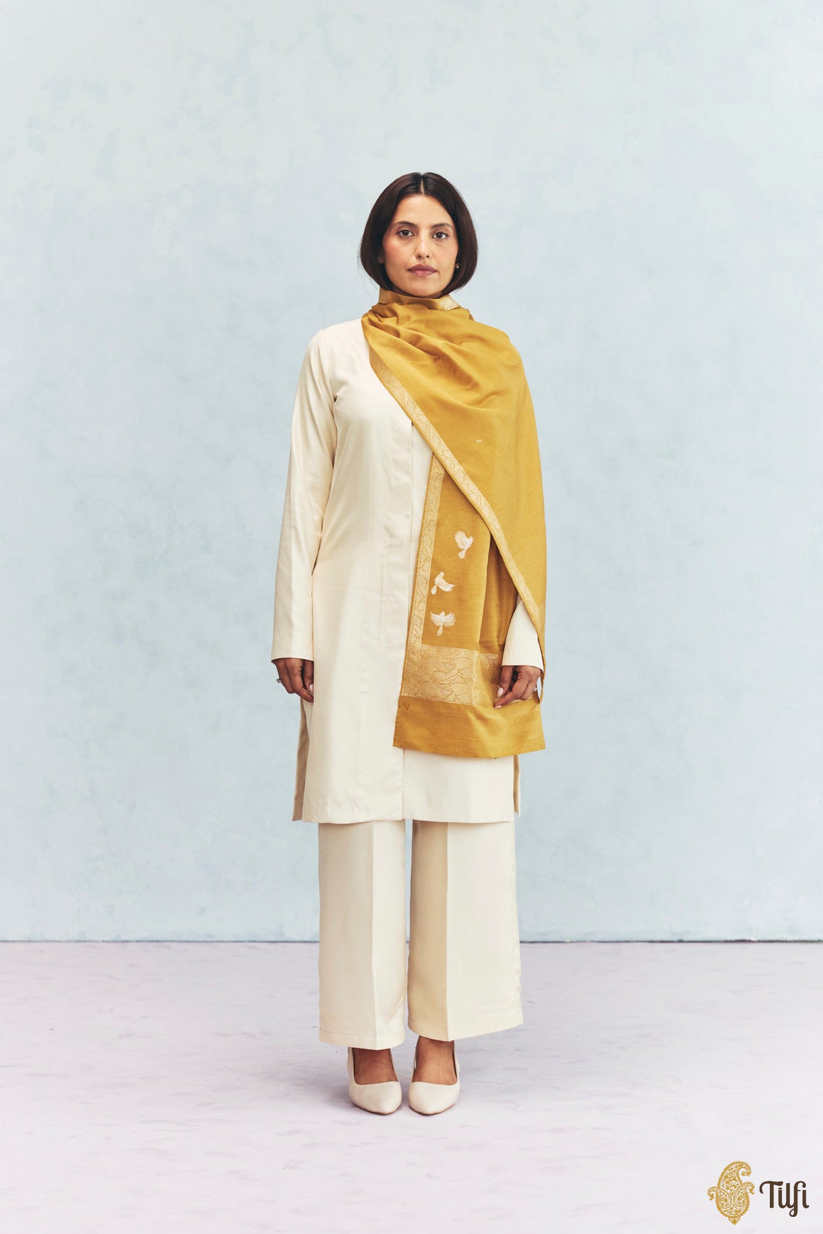 'Celine' Mustard Yellow Silk-Pashmina Wool Banarasi Handloom Stole
