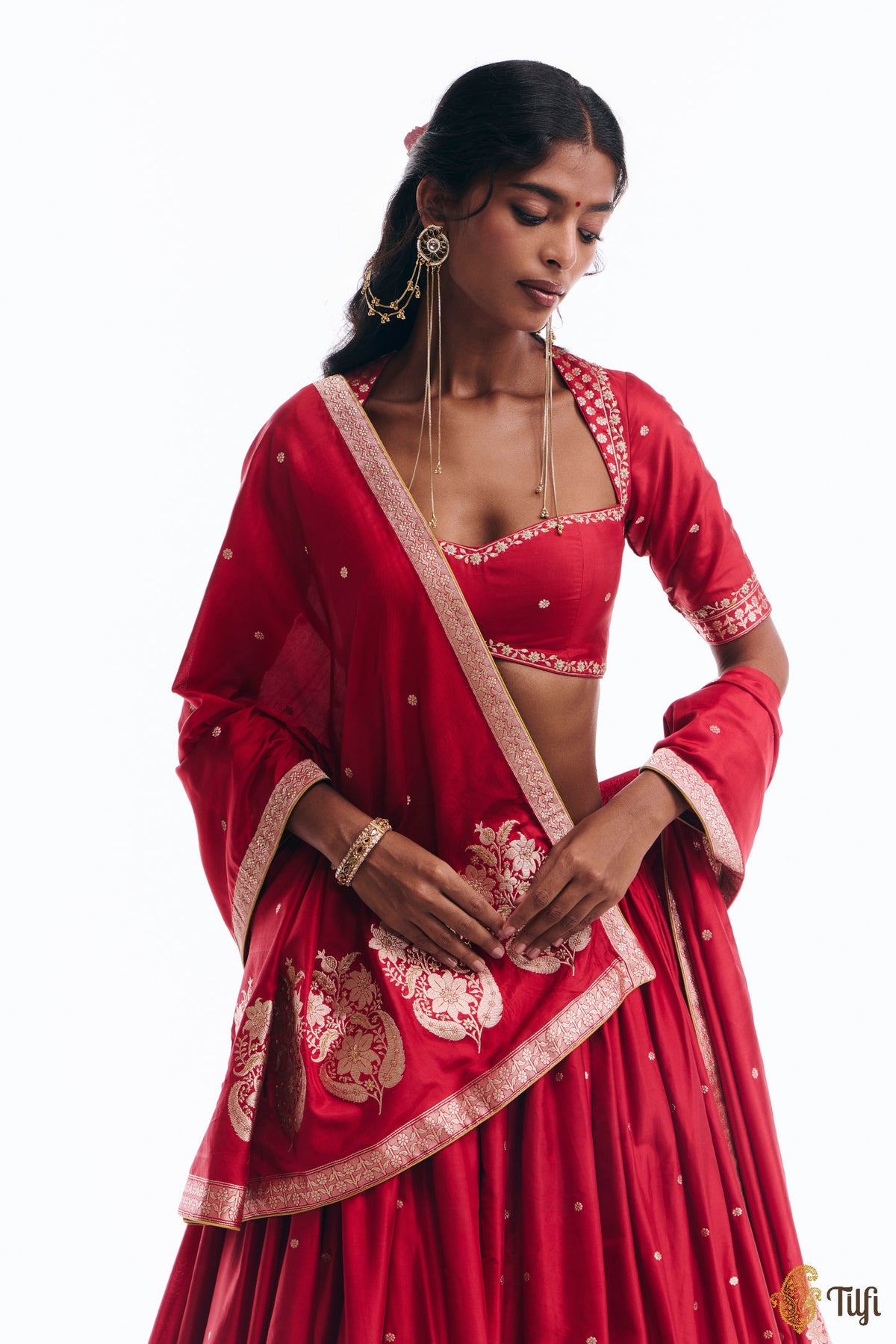 'Amreen' Red Pure Katan Silk Banarasi Handloom Lehenga Set