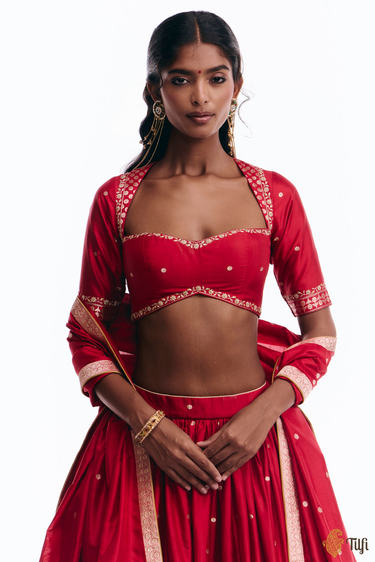 'Amreen' Red Pure Katan Silk Banarasi Handloom Lehenga Set