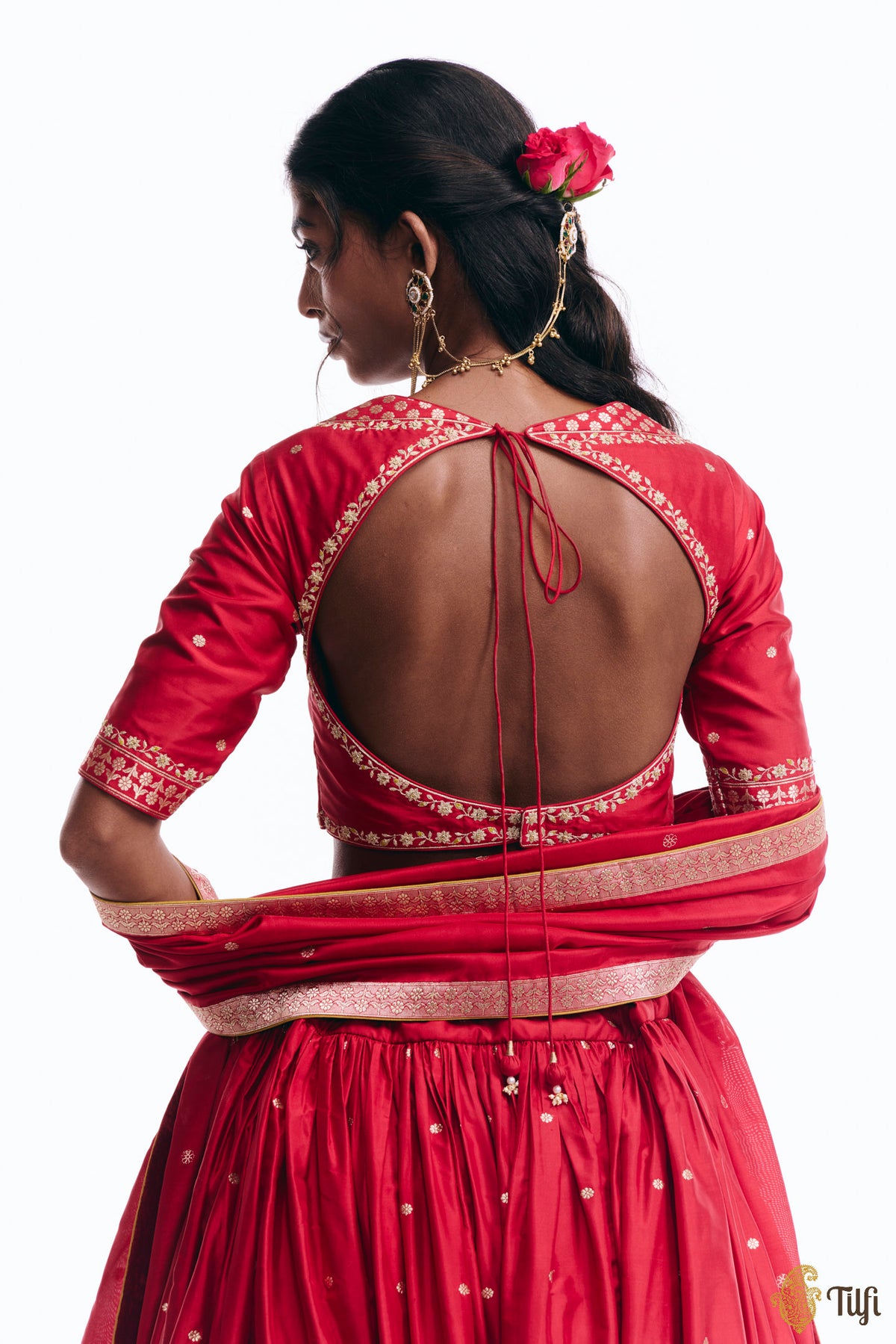 'Amreen' Red Pure Katan Silk Banarasi Handloom Lehenga Set