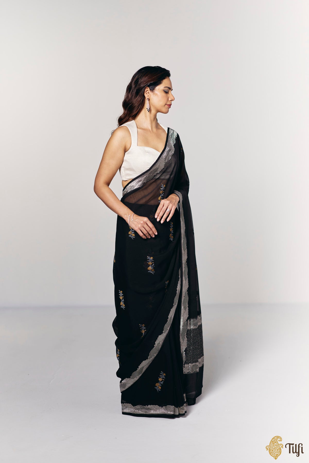 Pre-Order: 'Midnight Aries' Black Pure Khaddi Georgette Banarasi Handloom Saree