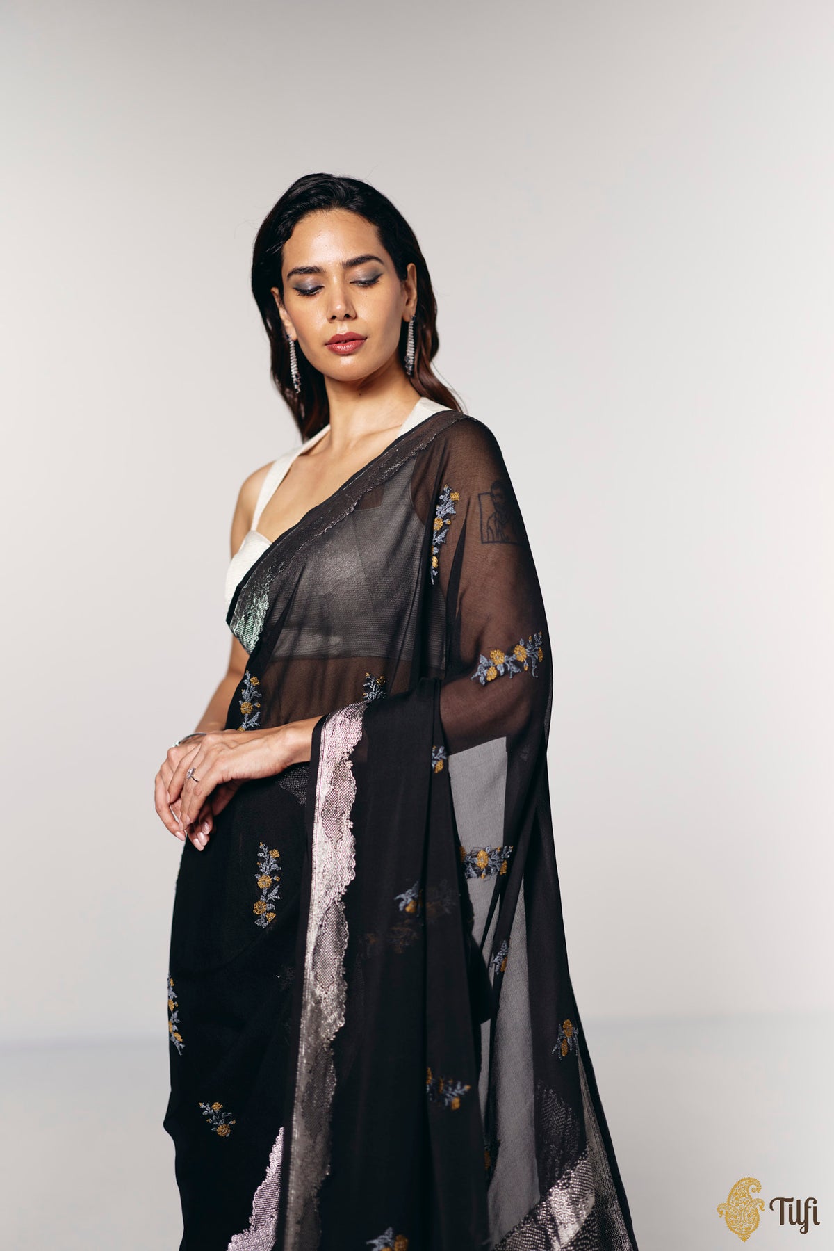 Pre-Order: 'Midnight Aries' Black Pure Khaddi Georgette Banarasi Handloom Saree