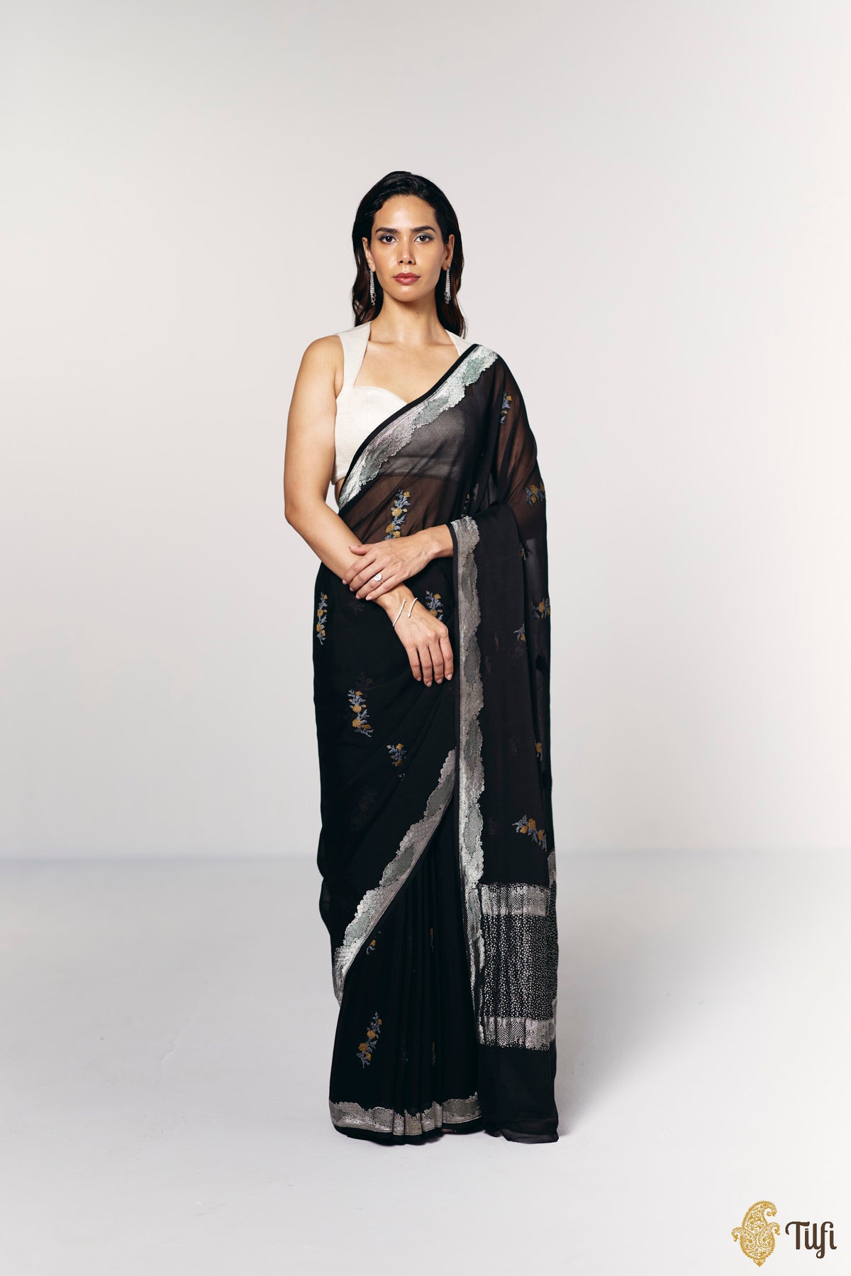 Pre-Order: 'Midnight Aries' Black Pure Khaddi Georgette Banarasi Handloom Saree