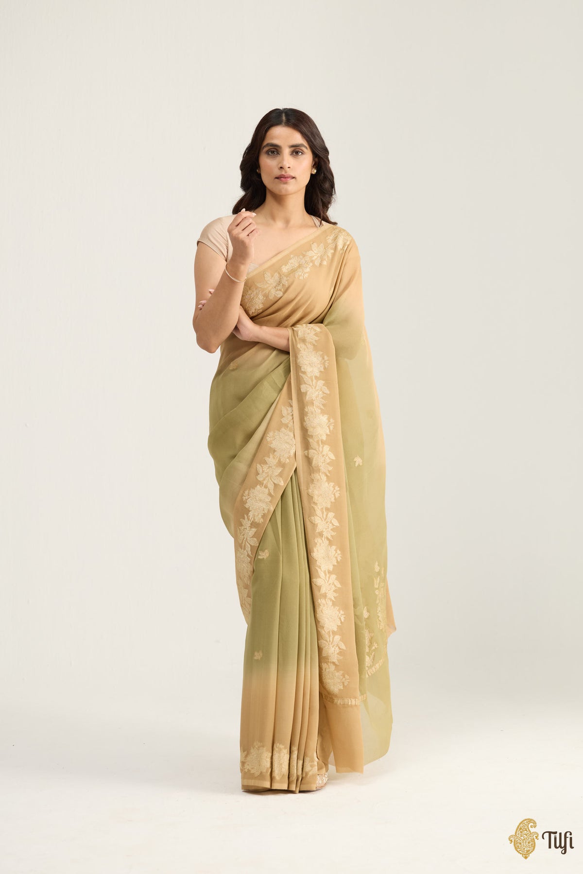 Pre-Order: 'Meadow' Fawn and Green Pure Ombré Khaddi Georgette Banarasi Handloom Saree