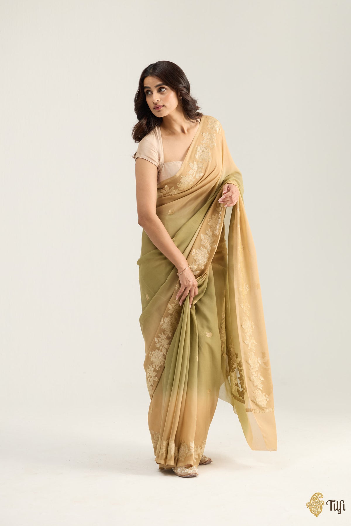 Pre-Order: 'Meadow' Fawn and Green Pure Ombré Khaddi Georgette Banarasi Handloom Saree