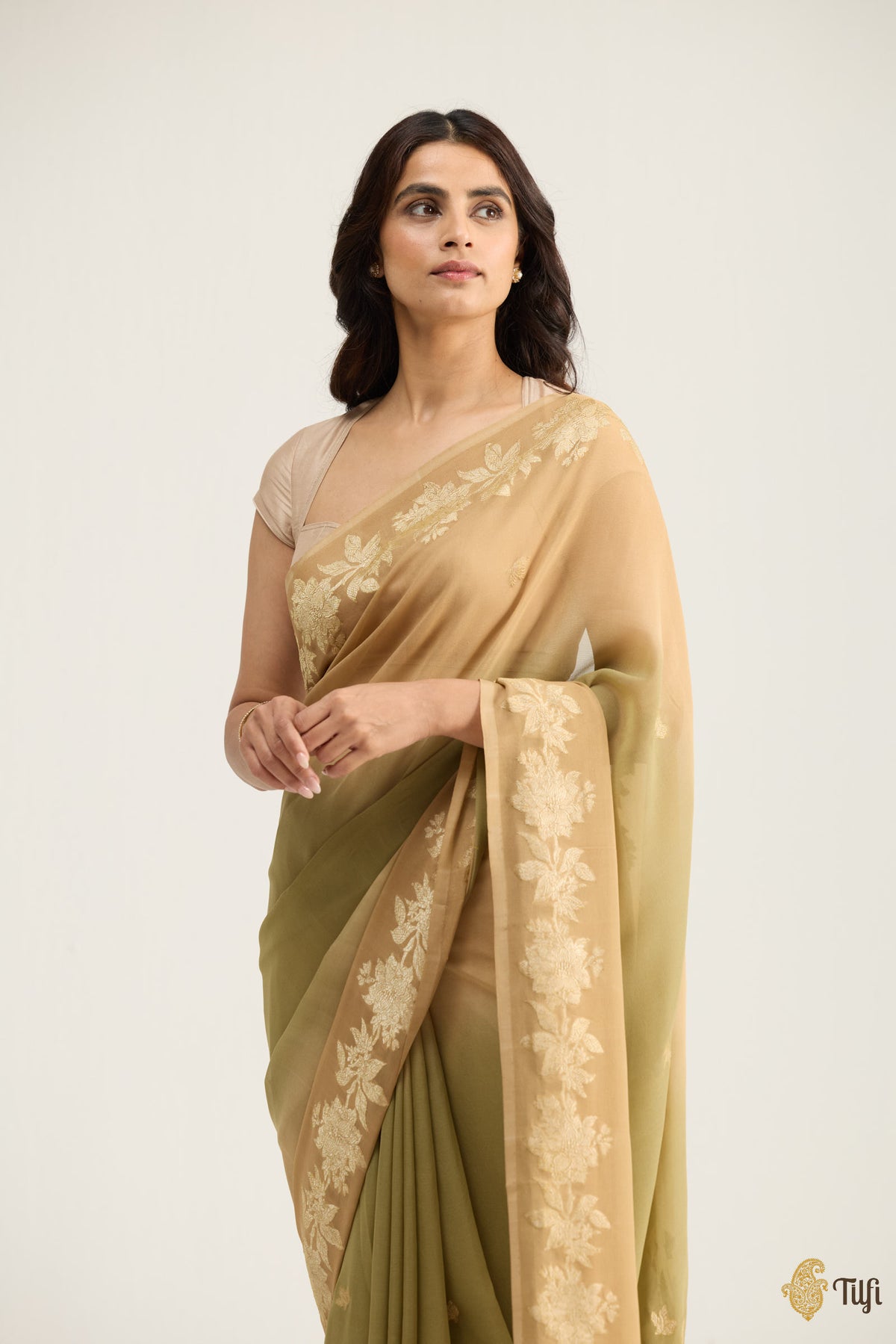 Pre-Order: 'Meadow' Fawn and Green Pure Ombré Khaddi Georgette Banarasi Handloom Saree