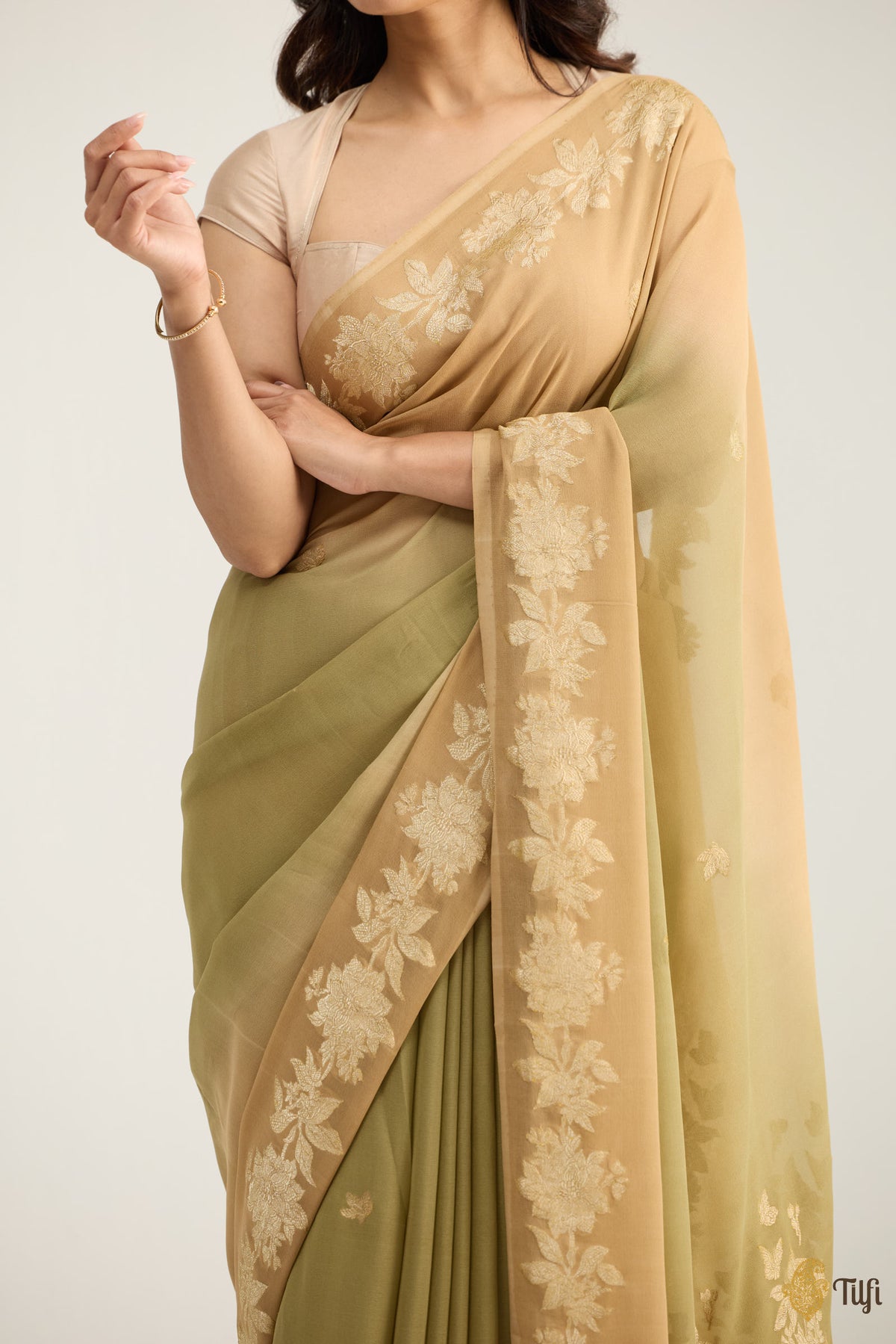 Pre-Order: 'Meadow' Fawn and Green Pure Ombré Khaddi Georgette Banarasi Handloom Saree