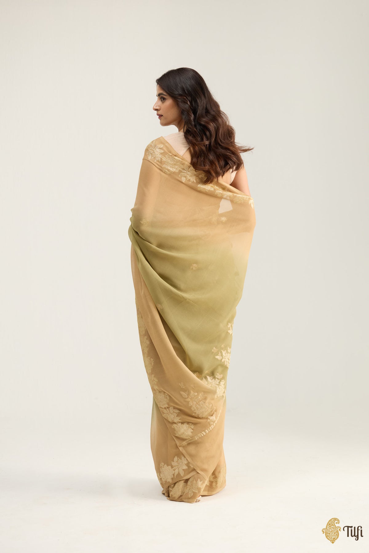 Pre-Order: 'Meadow' Fawn and Green Pure Ombré Khaddi Georgette Banarasi Handloom Saree