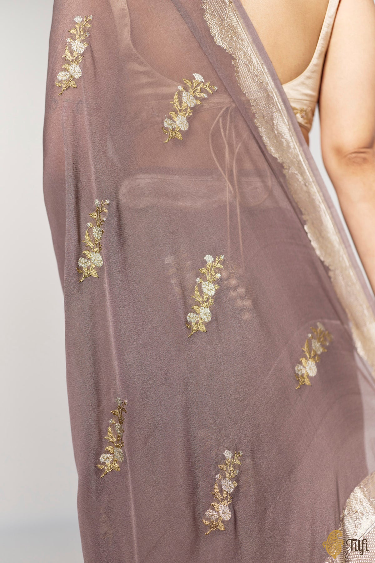 Pre-Order: 'Midnight Aries' Deep Taupe Pure Khaddi Georgette Banarasi Handloom Saree