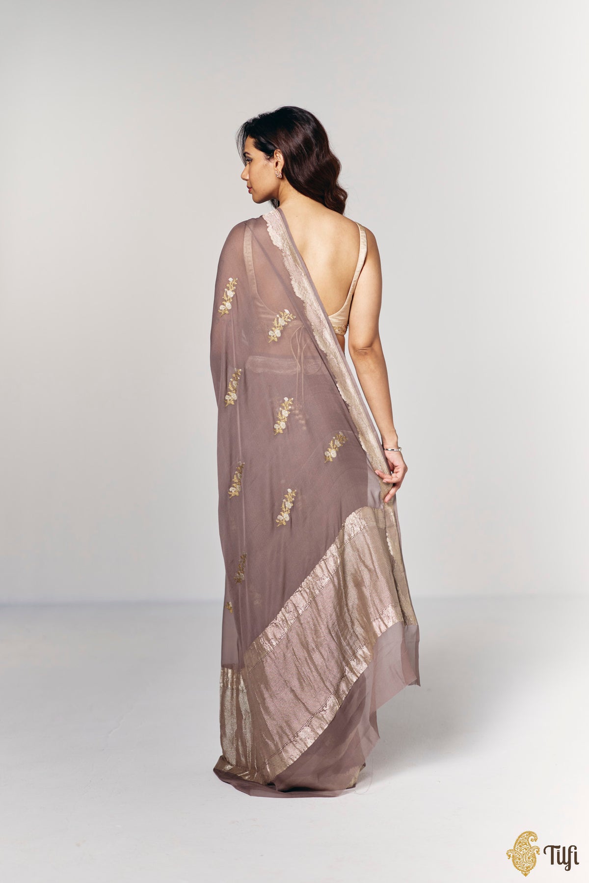 Pre-Order: 'Midnight Aries' Deep Taupe Pure Khaddi Georgette Banarasi Handloom Saree