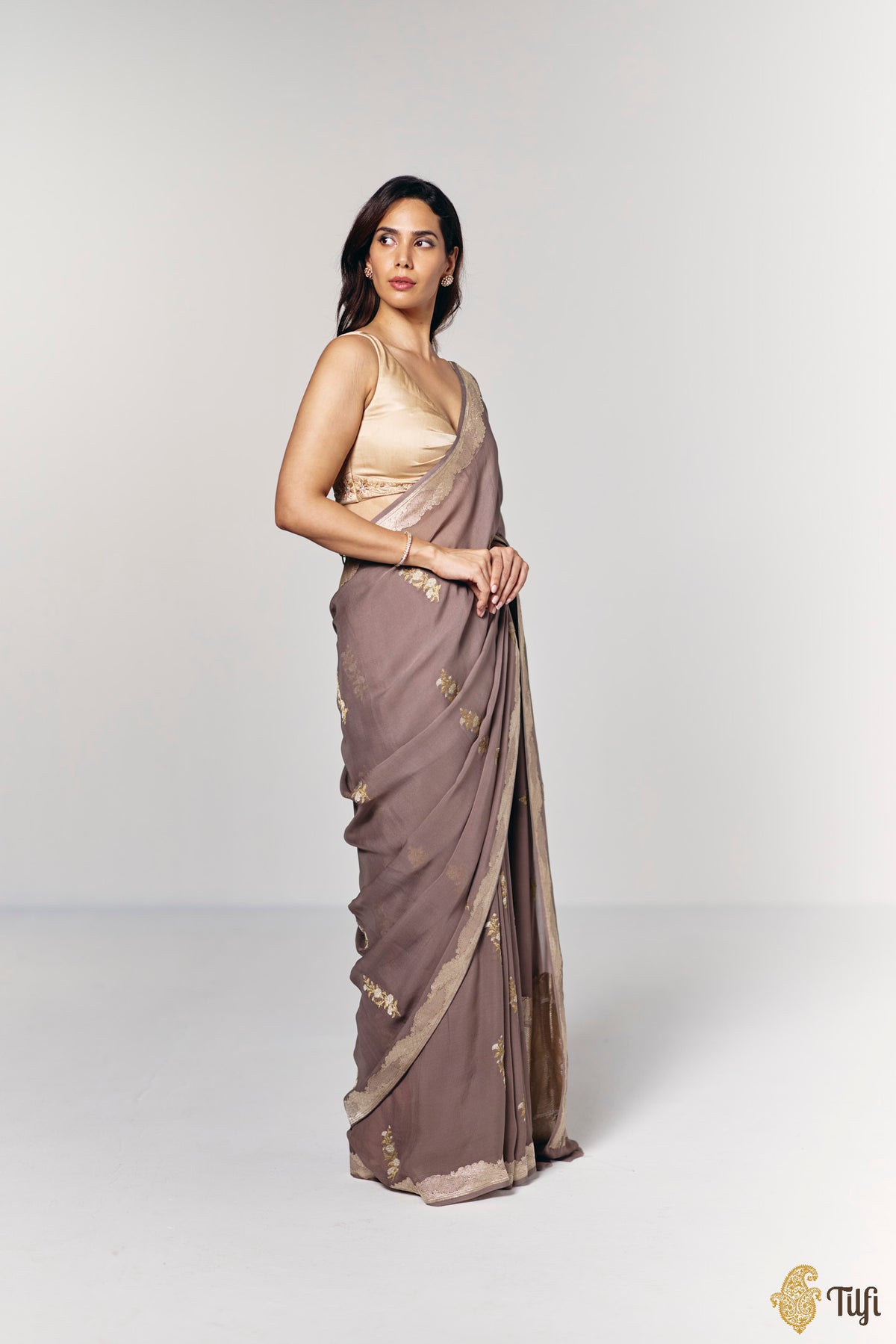 Pre-Order: 'Midnight Aries' Deep Taupe Pure Khaddi Georgette Banarasi Handloom Saree