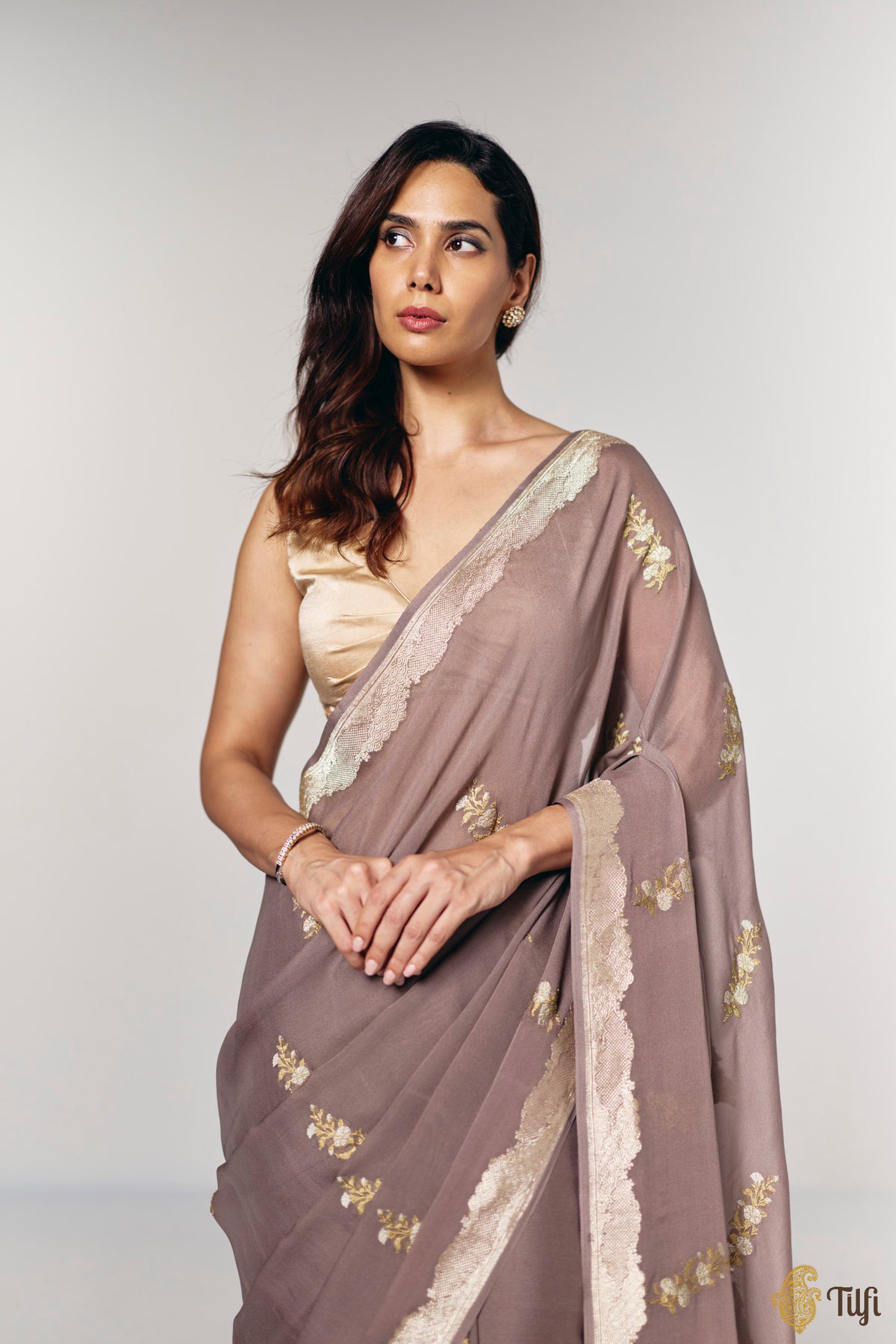 Pre-Order: 'Midnight Aries' Deep Taupe Pure Khaddi Georgette Banarasi Handloom Saree