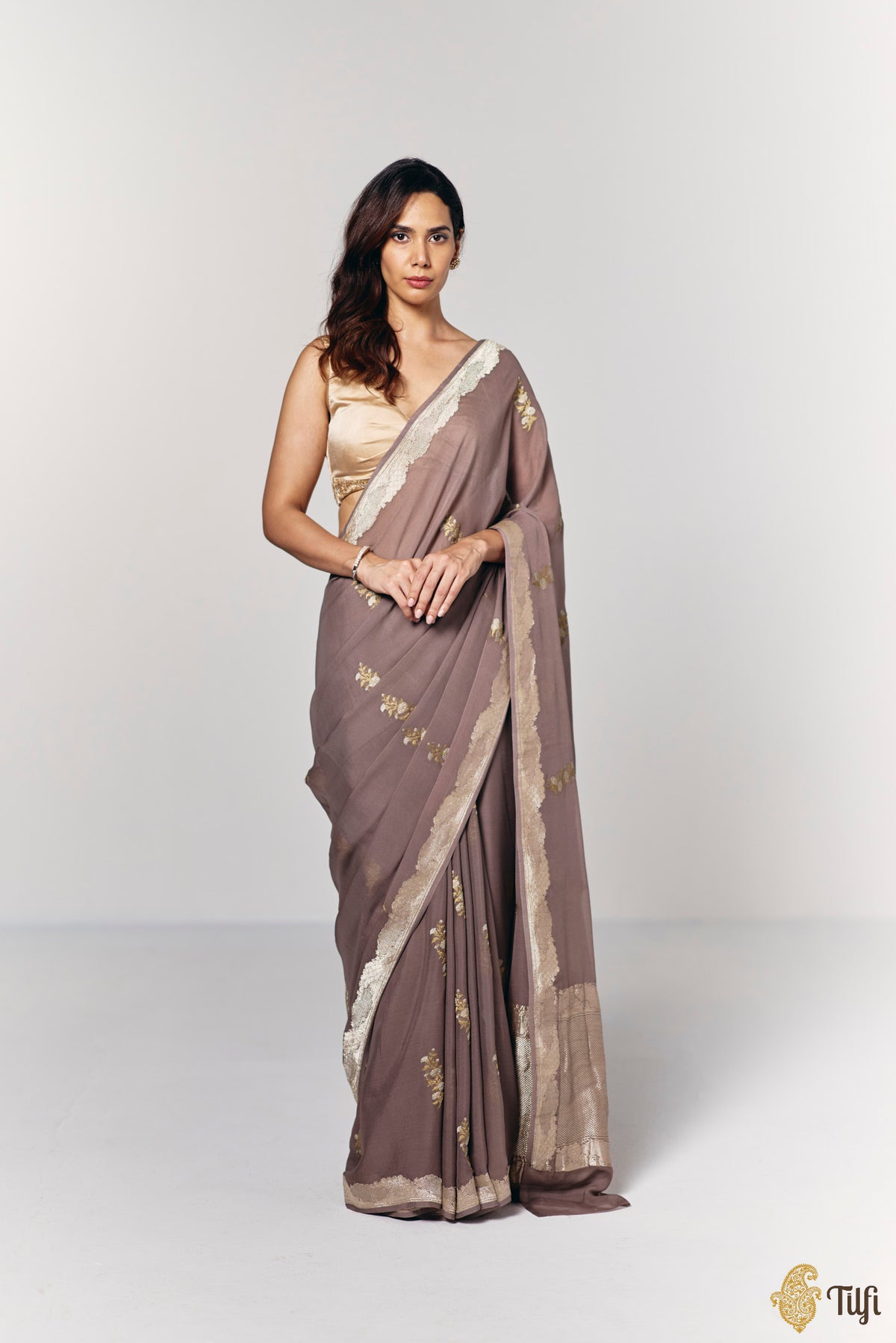 Pre-Order: 'Midnight Aries' Deep Taupe Pure Khaddi Georgette Banarasi Handloom Saree