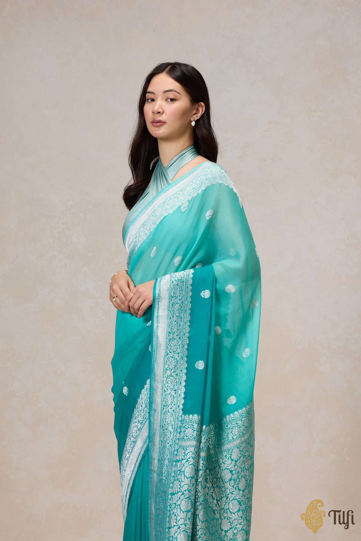 Pre-Order: Aqua Green Ombre Pure Khaddi Georgette Banarasi Handloom Saree