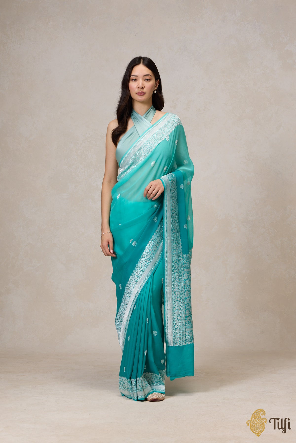 Pre-Order: Aqua Green Ombre Pure Khaddi Georgette Banarasi Handloom Saree