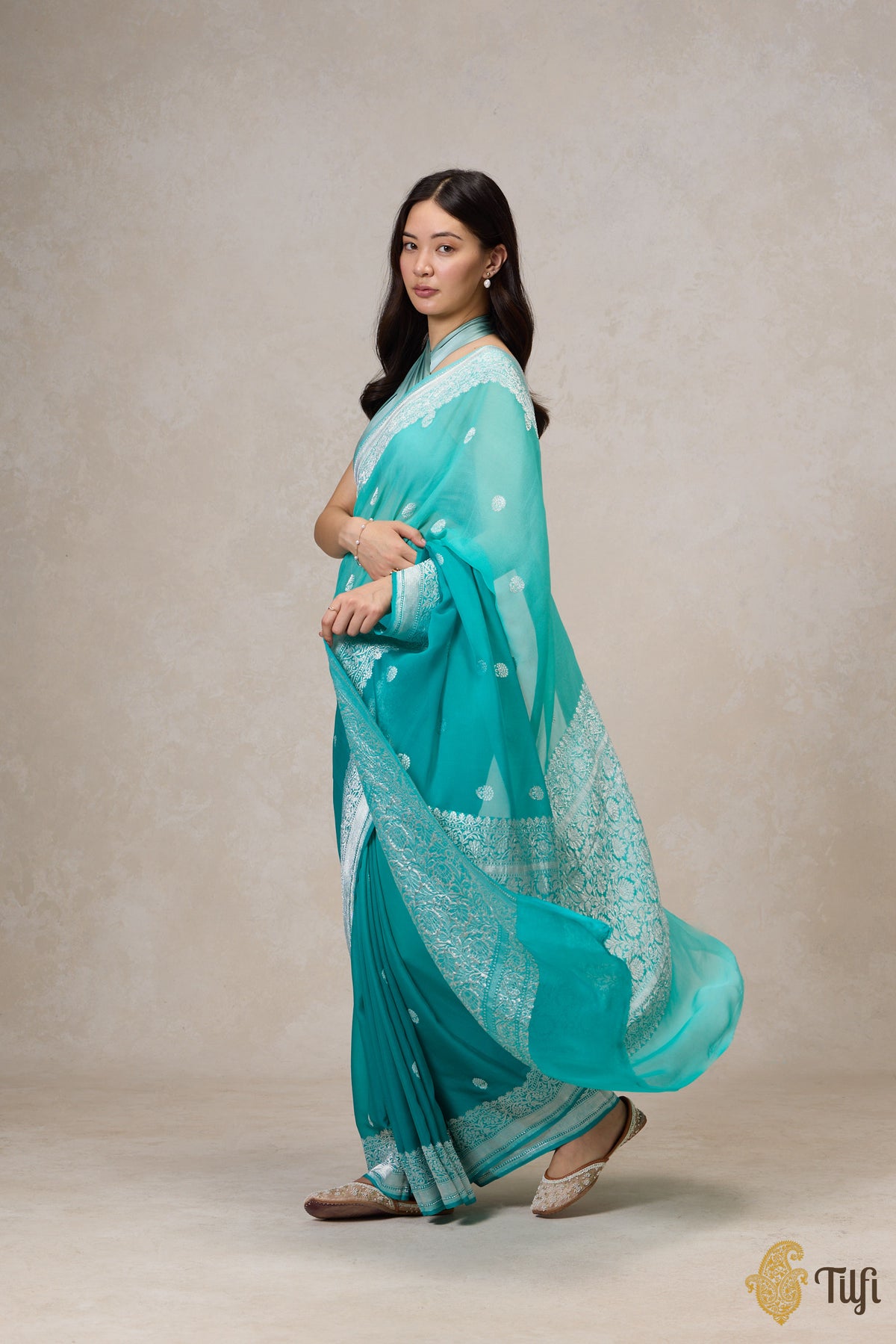 Pre-Order: Aqua Green Ombre Pure Khaddi Georgette Banarasi Handloom Saree