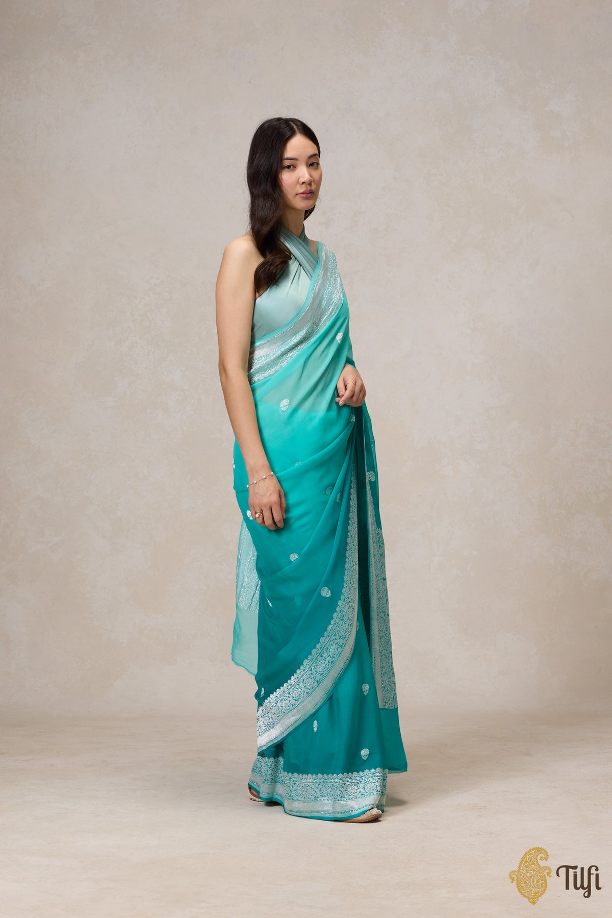 Pre-Order: Aqua Green Ombre Pure Khaddi Georgette Banarasi Handloom Saree