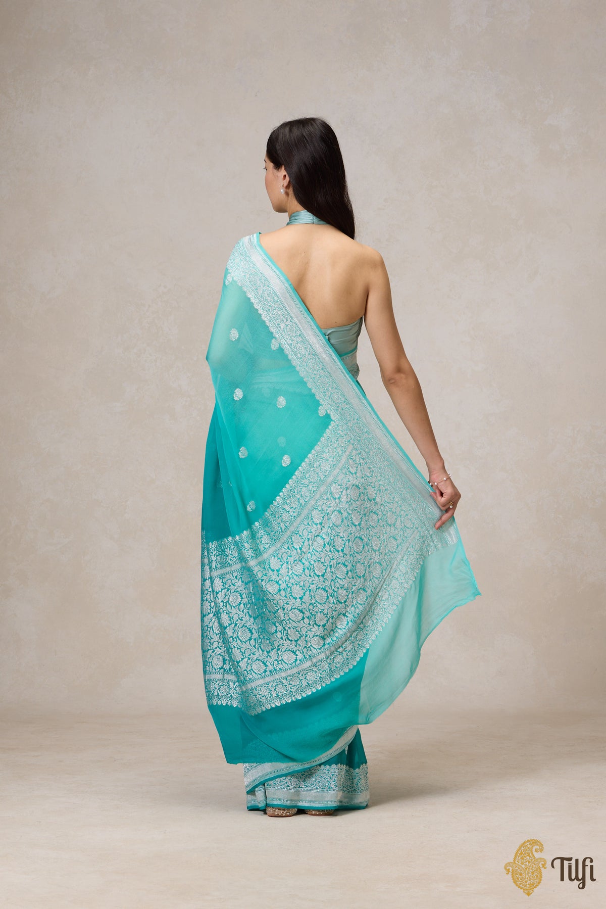 Pre-Order: Aqua Green Ombre Pure Khaddi Georgette Banarasi Handloom Saree